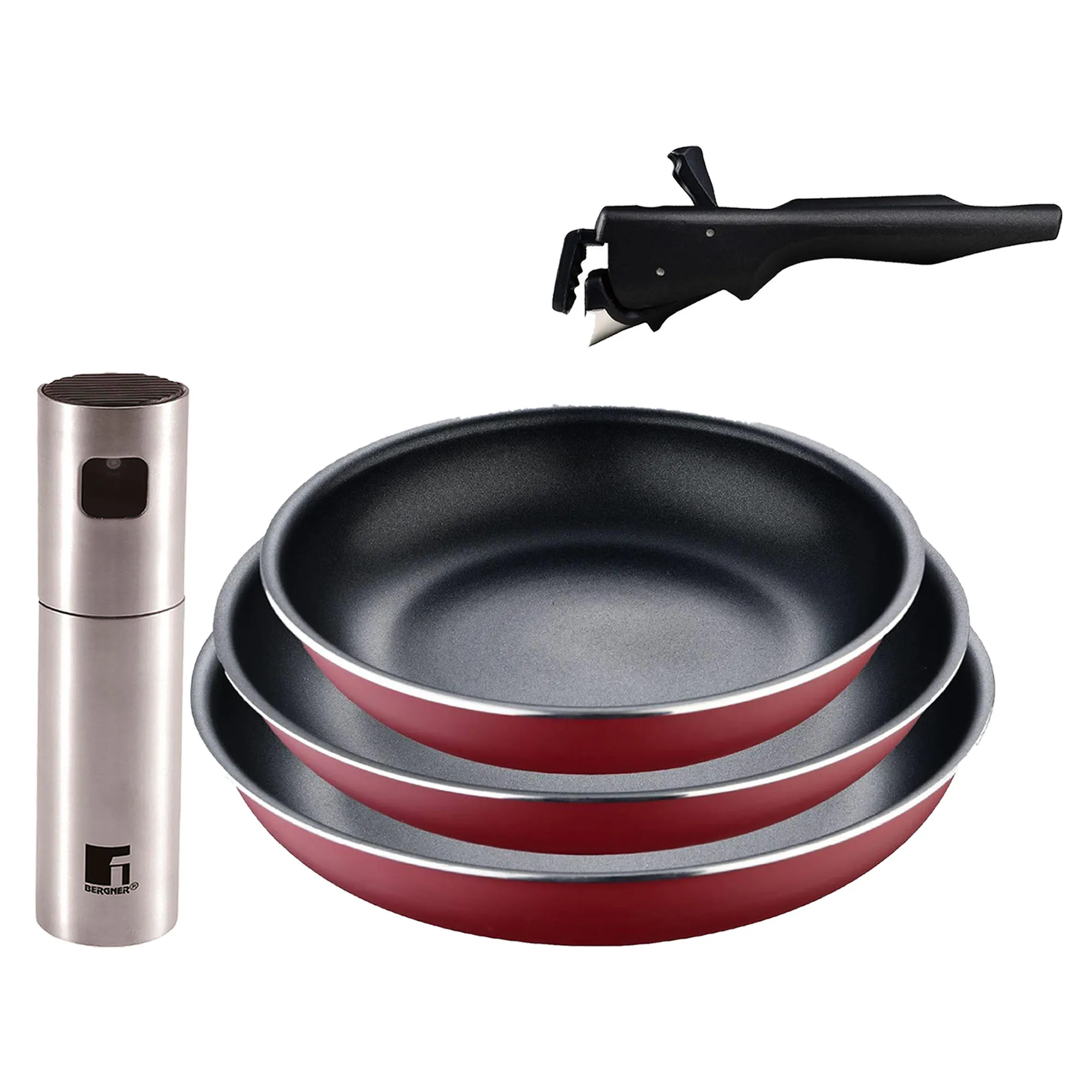 Bergner Click&Cook juego de 3 Sartenes Ø18Ø20Ø24cm Aluminio prensado rojo con Mango extraíble+Delantal de Cocina Gris oscuro 100% Algodón 75x80cm