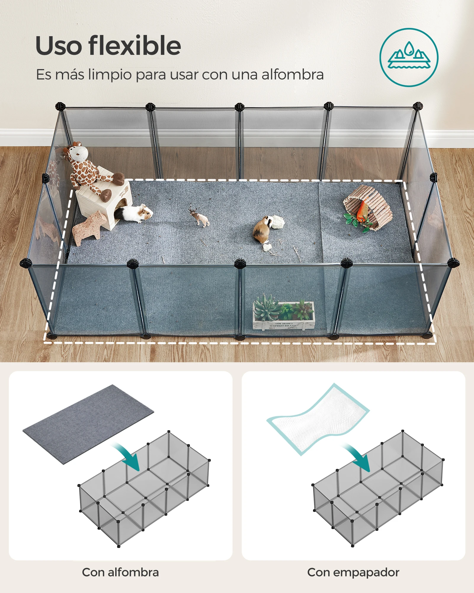 SONGMICS Recinto per animali domestici, box per cavie con pavimento, recinto interno in plastica trasparente per criceti, conigli, ricci, per piccoli animali, 143 x 73 x 46 cm, grigio/bianco - immagine 5
