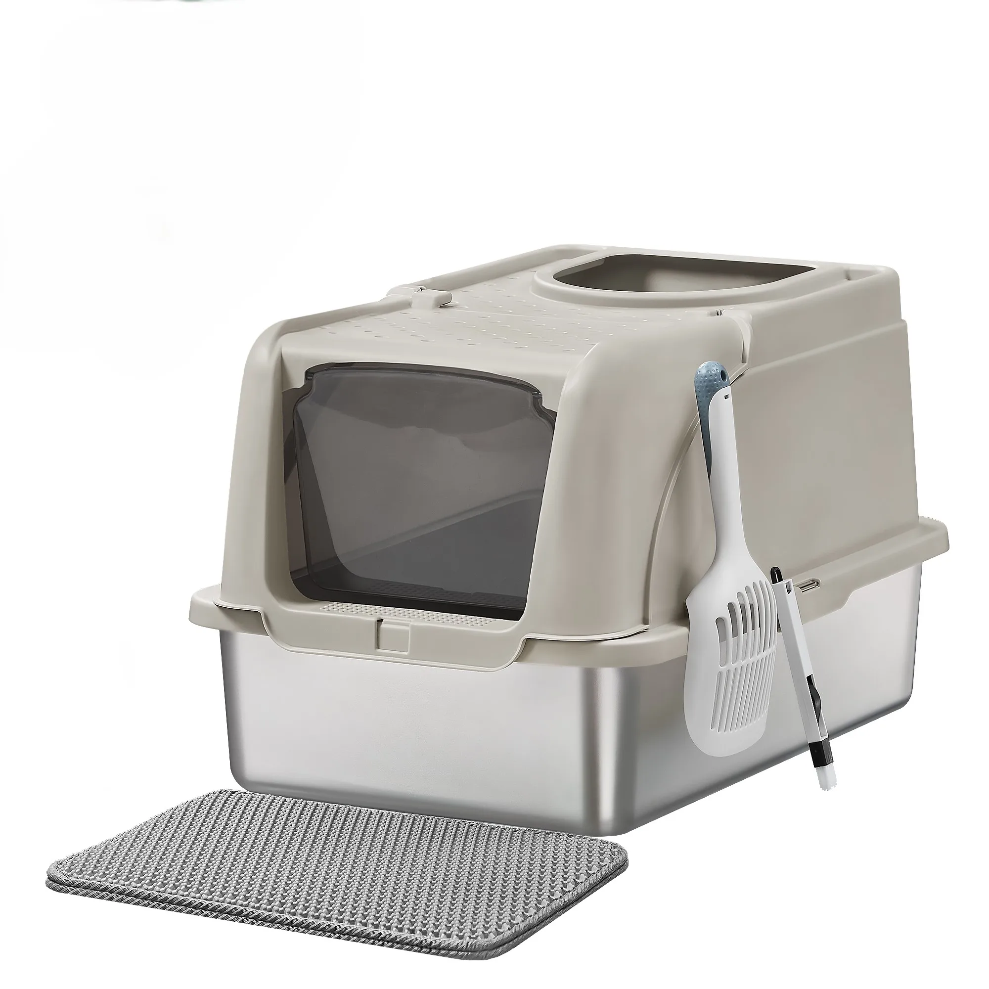 Feandrea Stainless Steel Cat Litter Box with Lid, XL Size, Double Entry, 61 x 41 x 36.5 cm, Easy Clean, 28L Capacity, Leak-proof Design for Cats up to 15 kg, Available in Grey, Beige, Black
