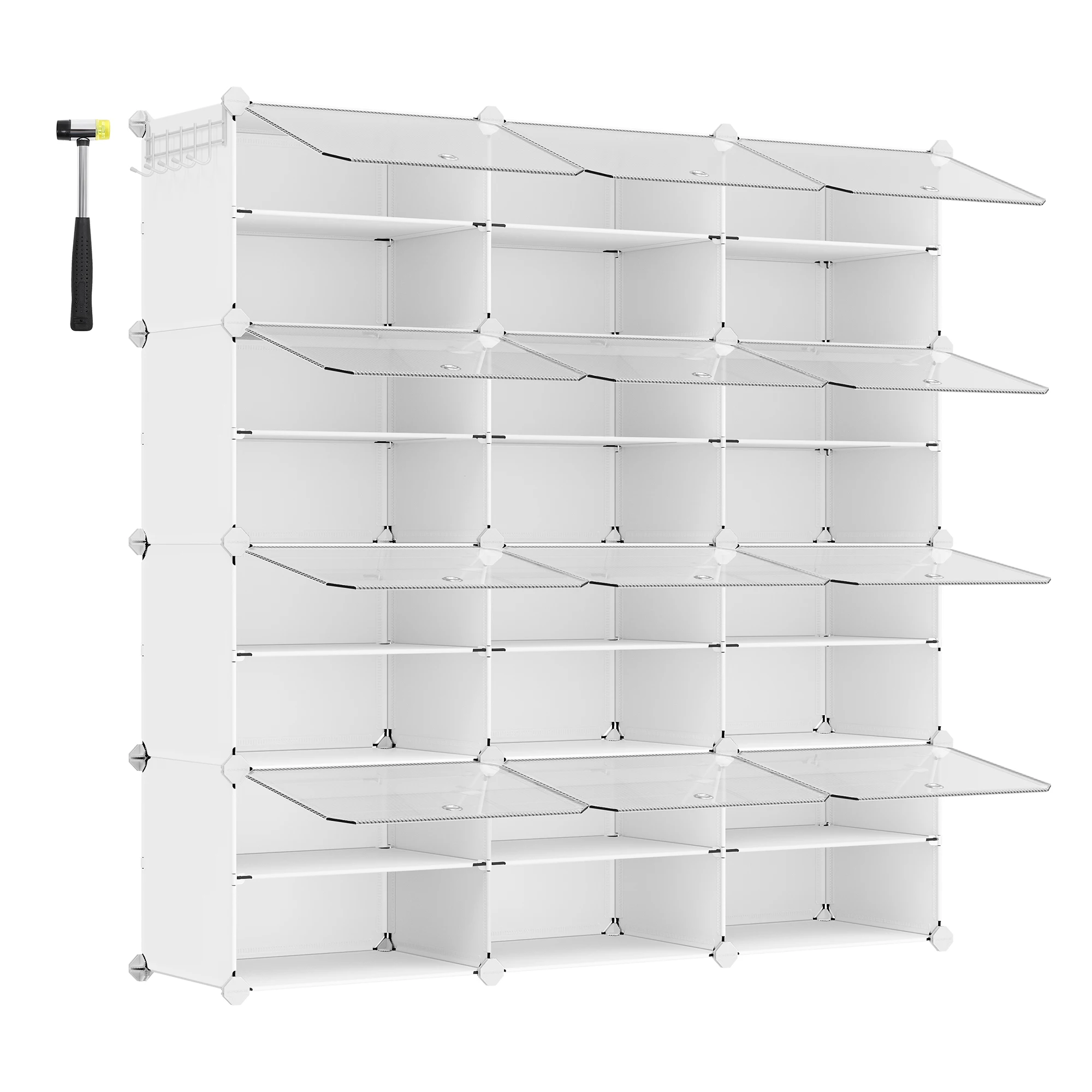 SONGMICS Mueble Zapatero Plástico, 12 Compartimentos, Zapatero Modular, Estantería Modular de Plástico, 32 x 124,4 x 124,6 cm Cada Cubo, con Puerta, Marco Acero, Panele Plástico, Blanco