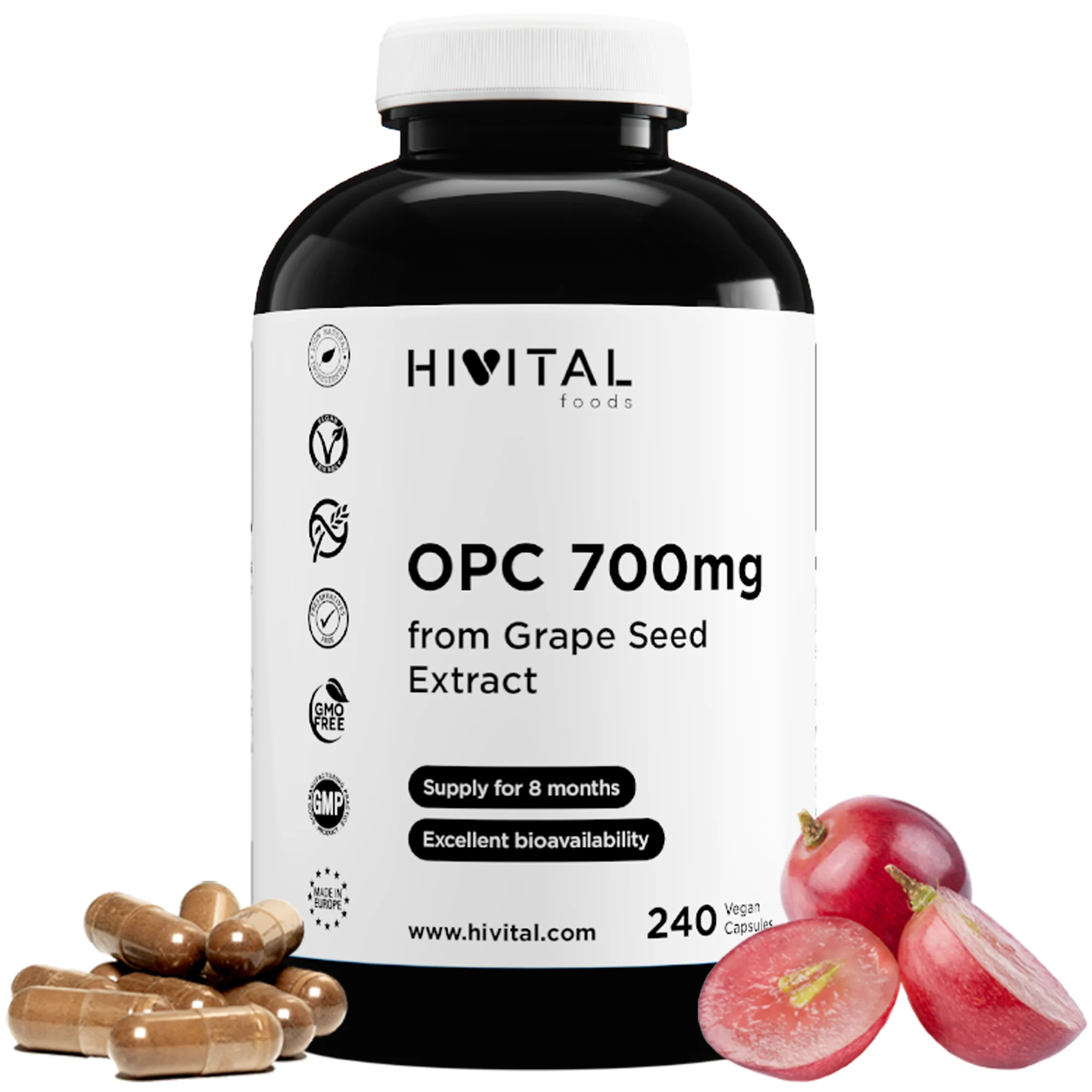 OPC 700 mg. 240 cápsulas veganas para 8 meses. Extracto de Semilla de UVA al 99% en ProantoCianidinas Oligoméricas (OPC), potente fuente de antioxidantes naturales que reducen el estrés oxidativo. Hivital