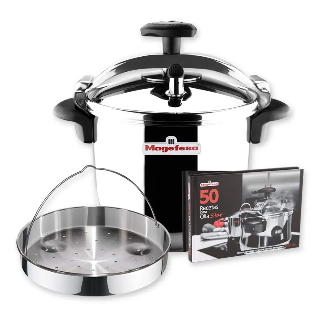 Magefesa Star Recta - Exclusive Pack Pressure Cooker with Steam Basket and Recipe Book, Stainless Steel 18/10, Suitable for Induction, Energy-saving Full Induction Technology, 3 Safety Mechanisms, Ideal for Healthy Cooking