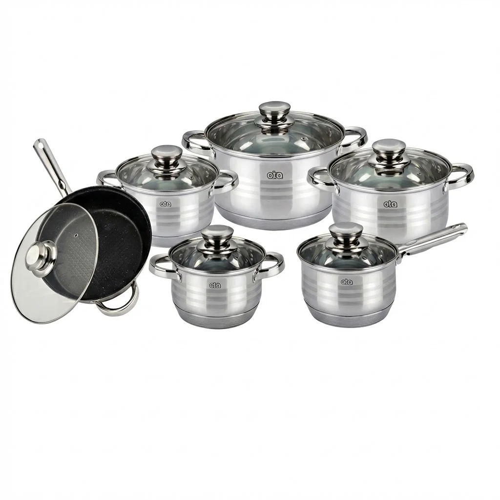 Set di Pentole OTA 12 Pezzi in Acciaio Inox Premium con Rivestimento in Marmo, Padella Ideale per Tutti i Tipi di Cucine