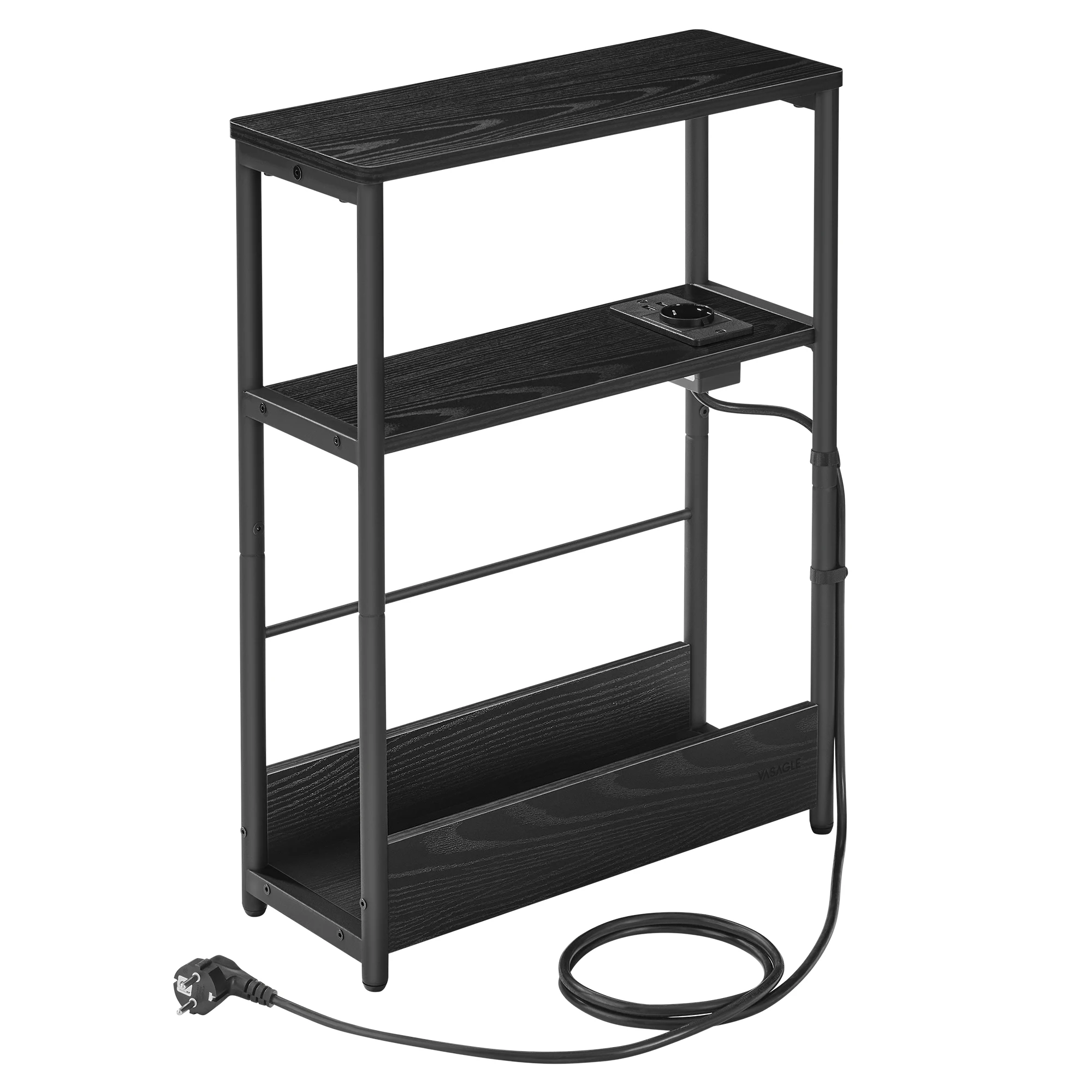 VASAGLE Mesa Auxiliar con Multienchufe_ Mesa Auxiliar Estrecha con 3 Estantes_ Mesa para Espacios Pequeños con Revistero_ para Salón_ Dormitorio_ Estudio_ Negro Ébano y Negro Tinta/Marrón Rústico y Negro Tinta/Greige Melange y Negro Tinta