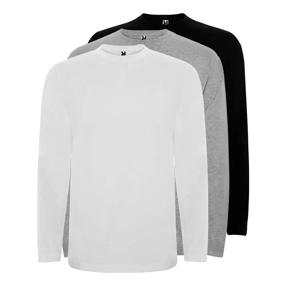 Roly Pack of 3 Long Sleeve T-Shirts for Men, 100% Cotton, Grey, White, and Navy Colors, 160 g/m² Fabric, Comfortable Fit, Ideal for Casual Wear, Customizable T-Shirts.