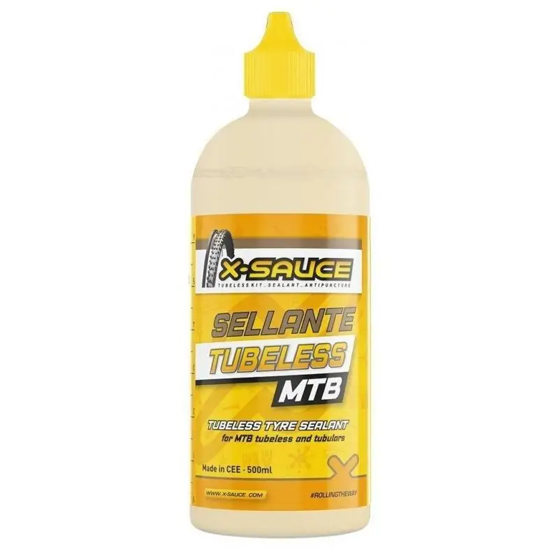 X-Sauce Tubeless Antipuncture Sealant Liquid 500ml for MTB, ammonia-free with nearly neutral pH, seals punctures up to 6mm, easy to apply, and offers up to 3 months protection in mountain biking.