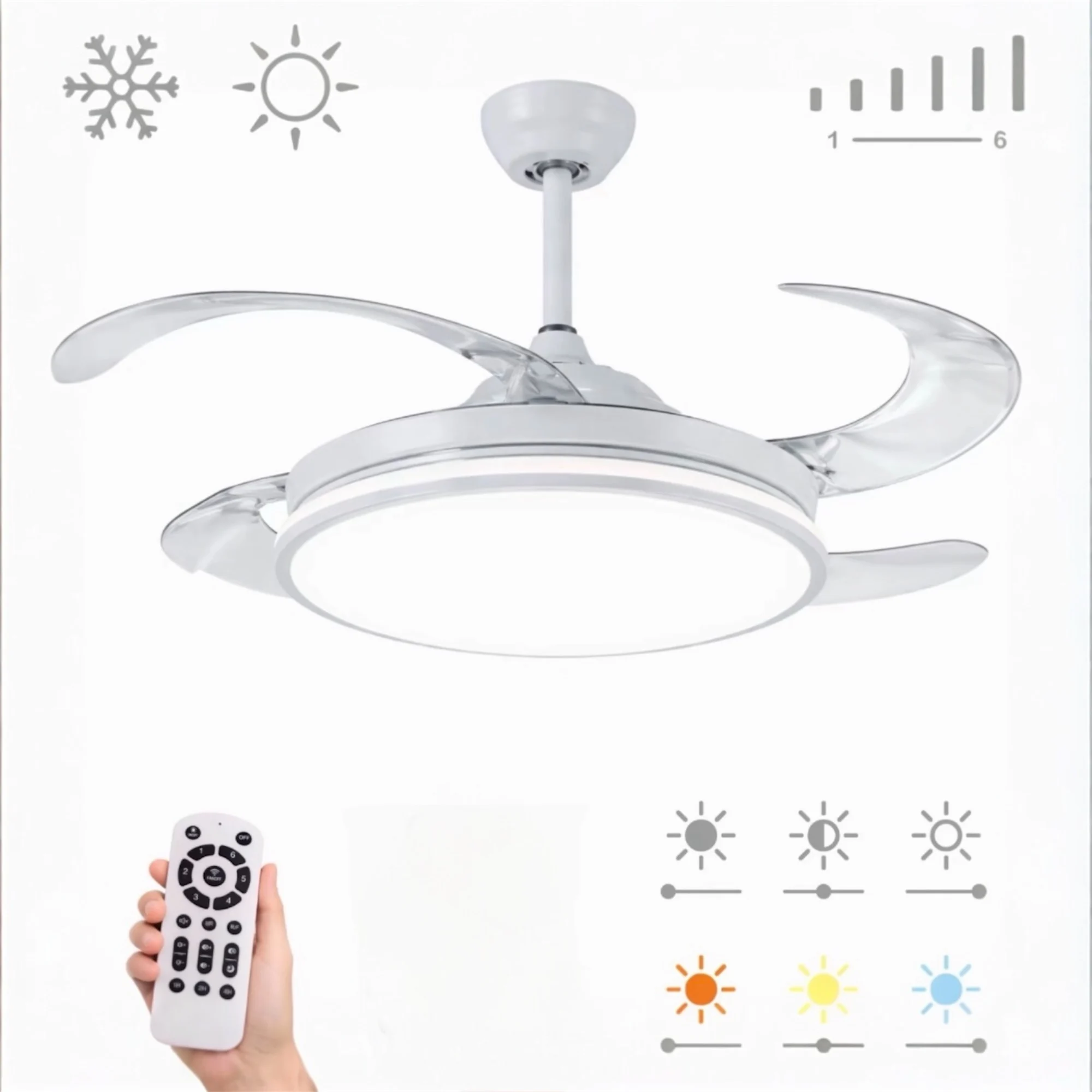 Ventilador de techo con luz LED 36W en 3 Temperaturas de Luz con Mando a Distancia -Motor DC Eficiente y Silencioso, 3 tonalidades, aspas desplegables retráctiles, 6 velocidades, control remoto, memoria, temporizador (ventilador-001 6990 D7)