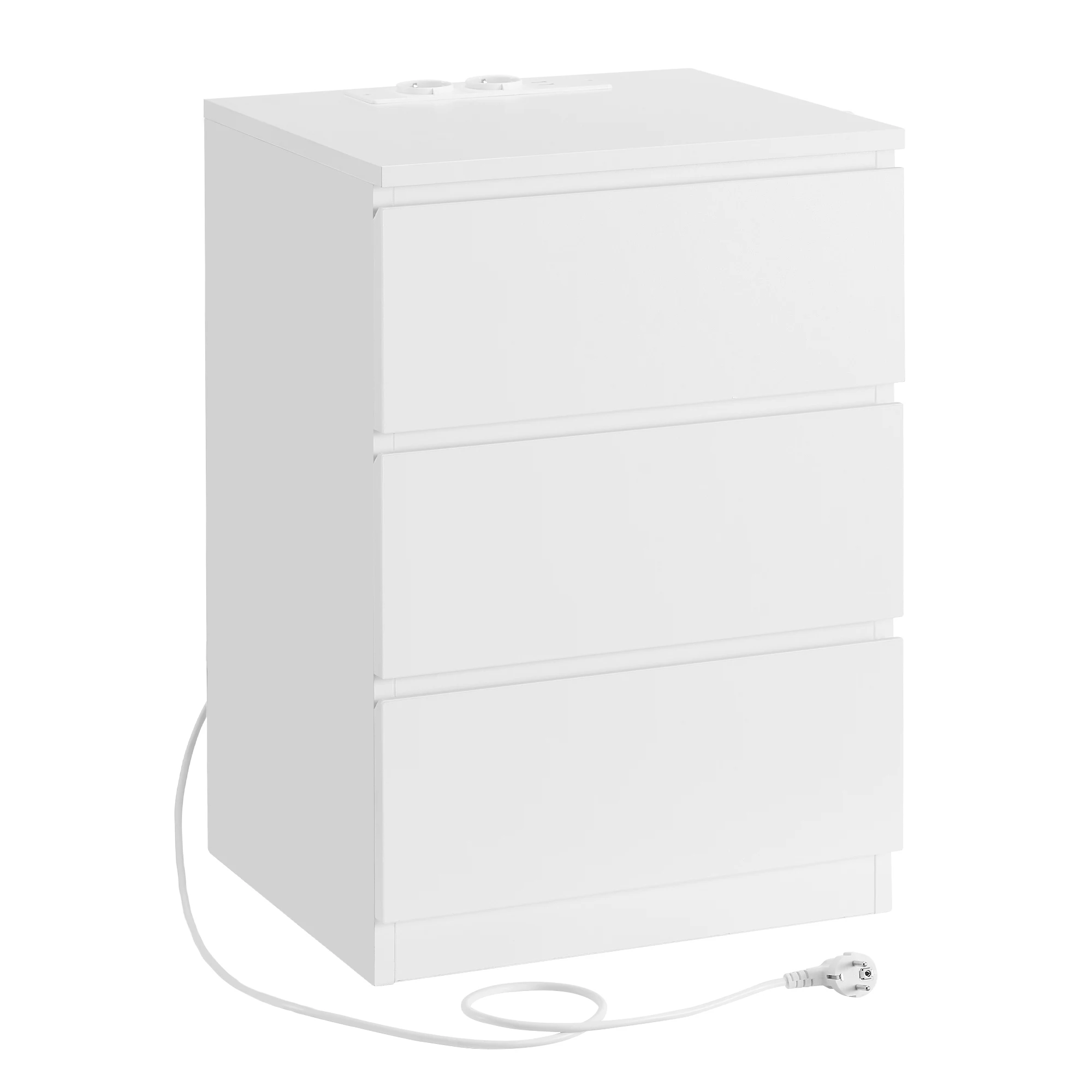 VASAGLE Nightstand with Charging Station, Modern White 3-Drawer Bedside Table, includes 2 AC Outlets and 2 USB Ports, Easy to Assemble, for Bedroom or Living Room, Durable Particleboard, Dimensions 35 x 40 x 59 cm.