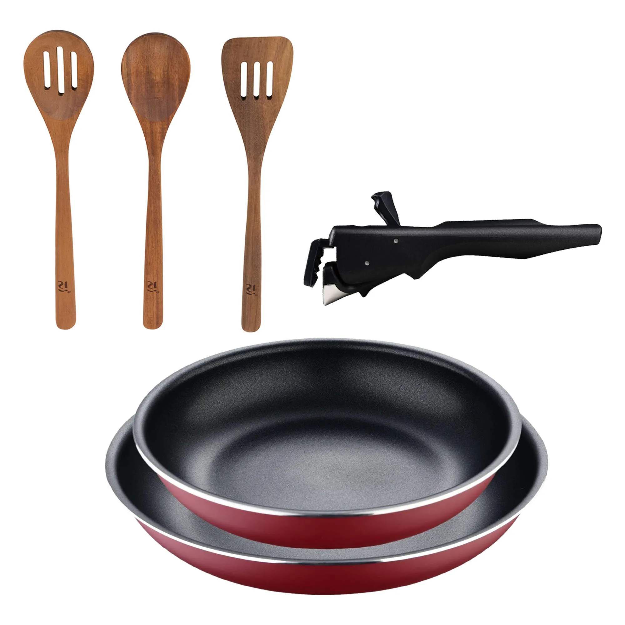 Bergner Click&Cook Juego de 2 Sartenes Ø22Ø26cm Aluminio prensado rojo con Mango extraíble+Delantal de Cocina Gris oscuro 100% Algodón 75x80cm