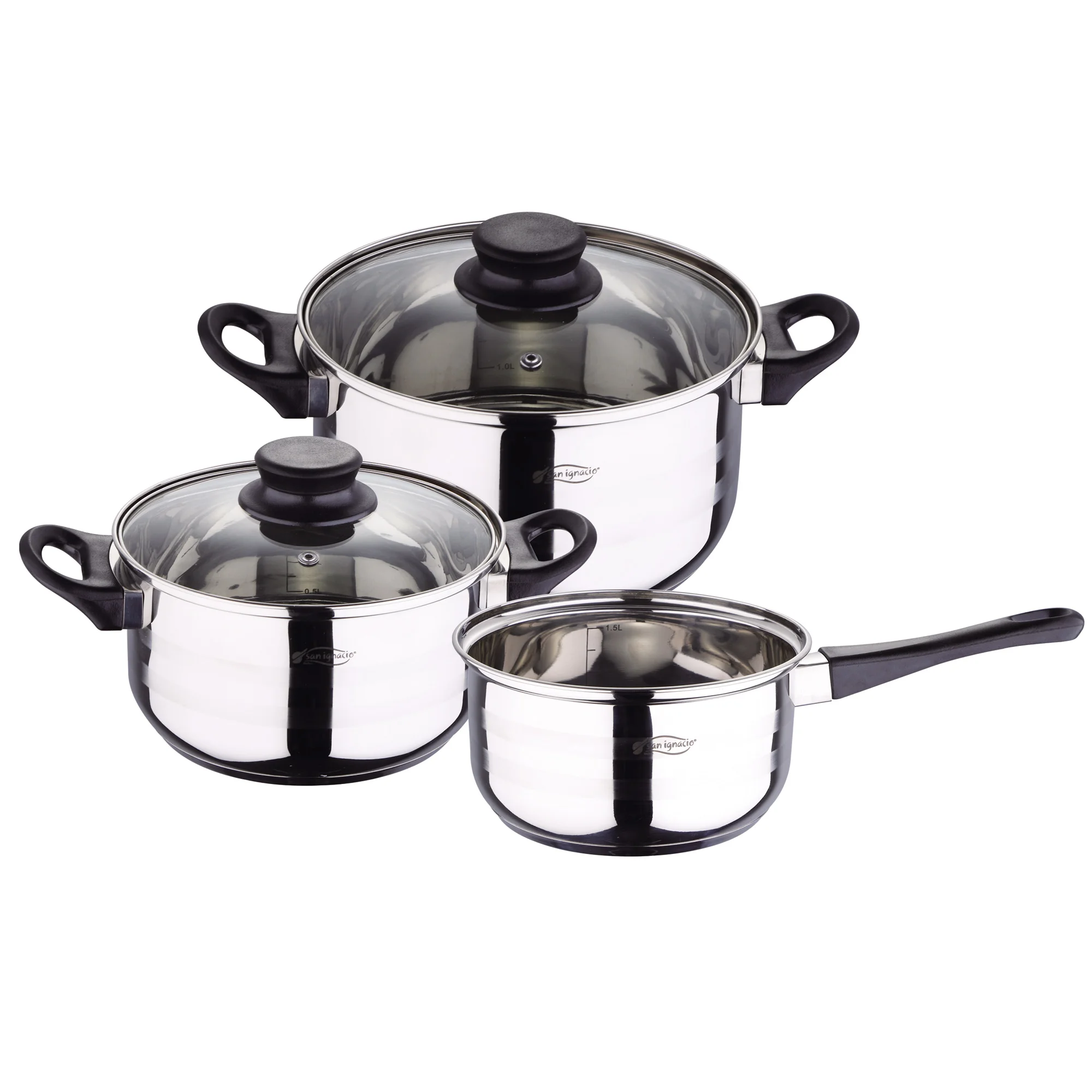 SAN IGNACIO Batteria da cucina 5 pezzi acciaio inox con set di padelle Optimum Plus (18,22,26 cm) in alluminio pressato adatto per induzione