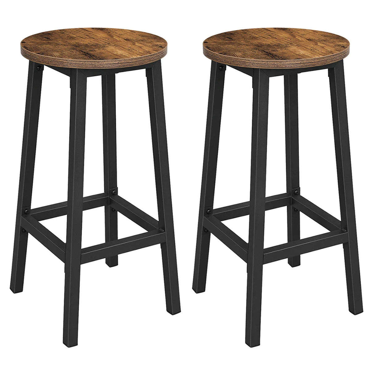 VASAGLE Bar Stool Set of 2, Rustic Brown and Black Kitchen Chairs with Metal Structure, Easy Assembly, Footrest, Compact Design, Supports 100kg, Ideal for Kitchen, Dining Room, or Bar.