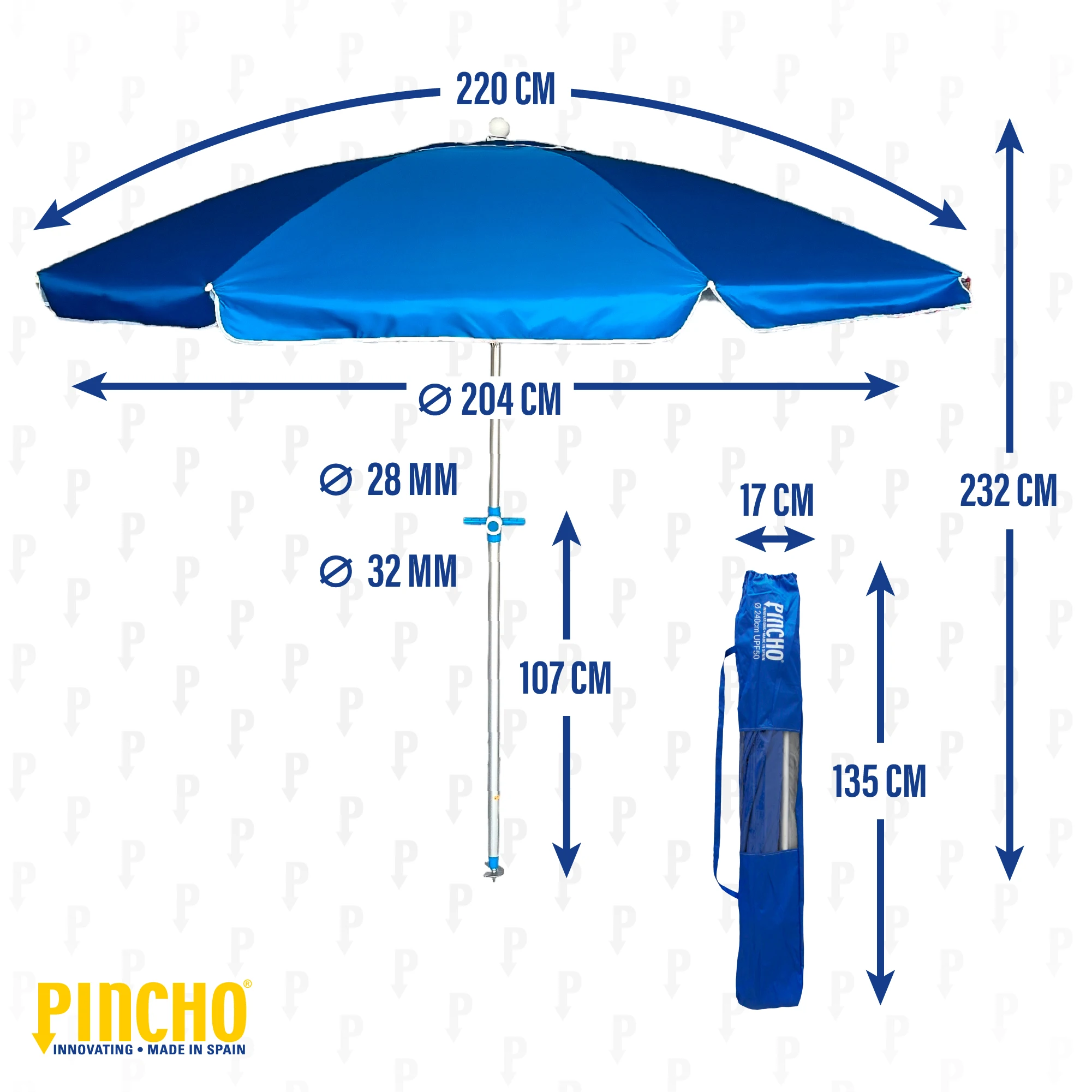 Sombrilla De Playa Pincho Grande 220cm - Tipo Tienda Con UV50+, Impermeable, 3 Posiciones, Incluye Anclajes