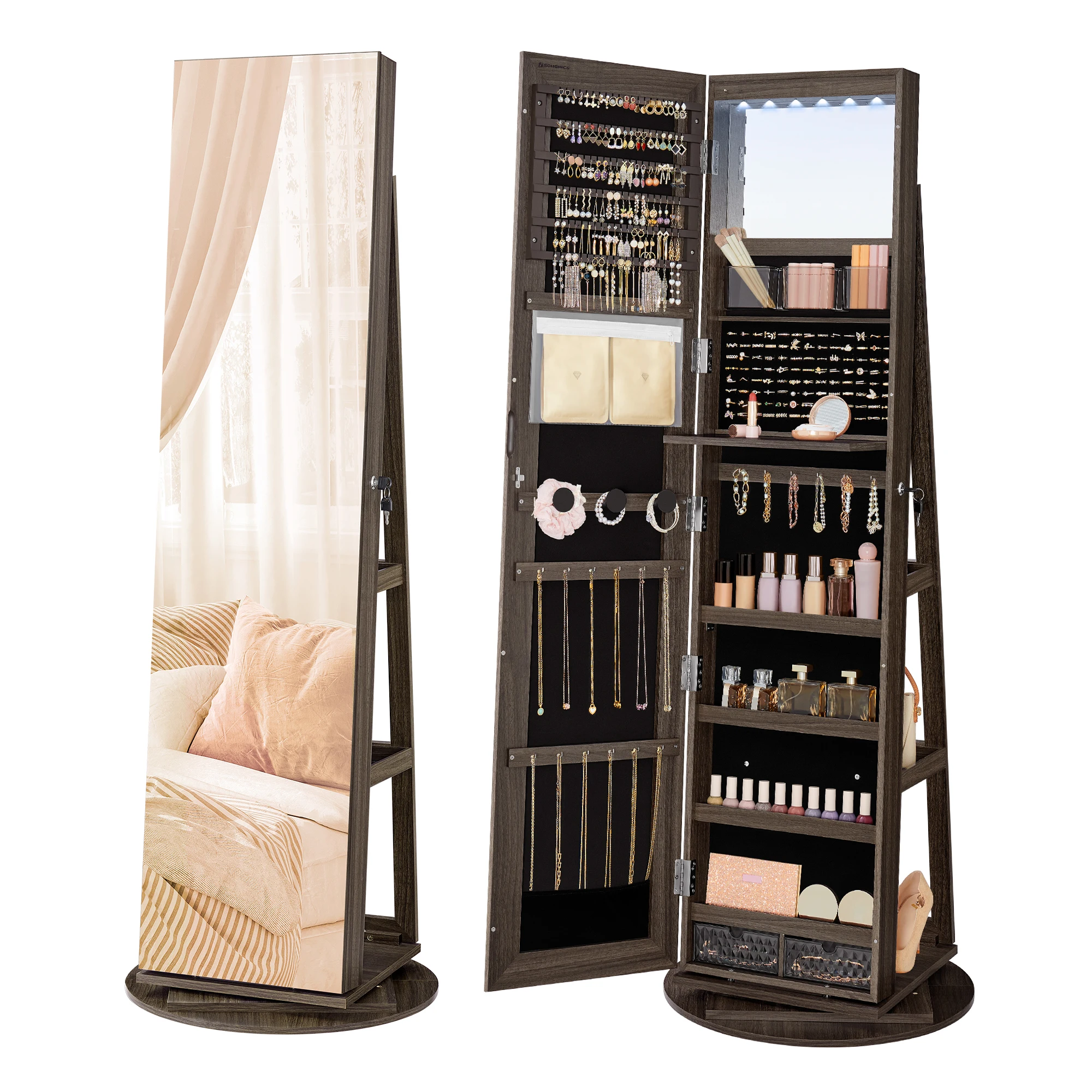 SONGMICS Espejo Joyero con 6 LEDs, Armario de Joyas de Giro de 360°, Organizador de Joyas Giratorio, sin Marco, Espejo Completo con Almacenaje, Superficie Ceniza y Forro Negro/Superficie Blanco y Forro Negro/Superficie Marrón Rústico, Forro Negro