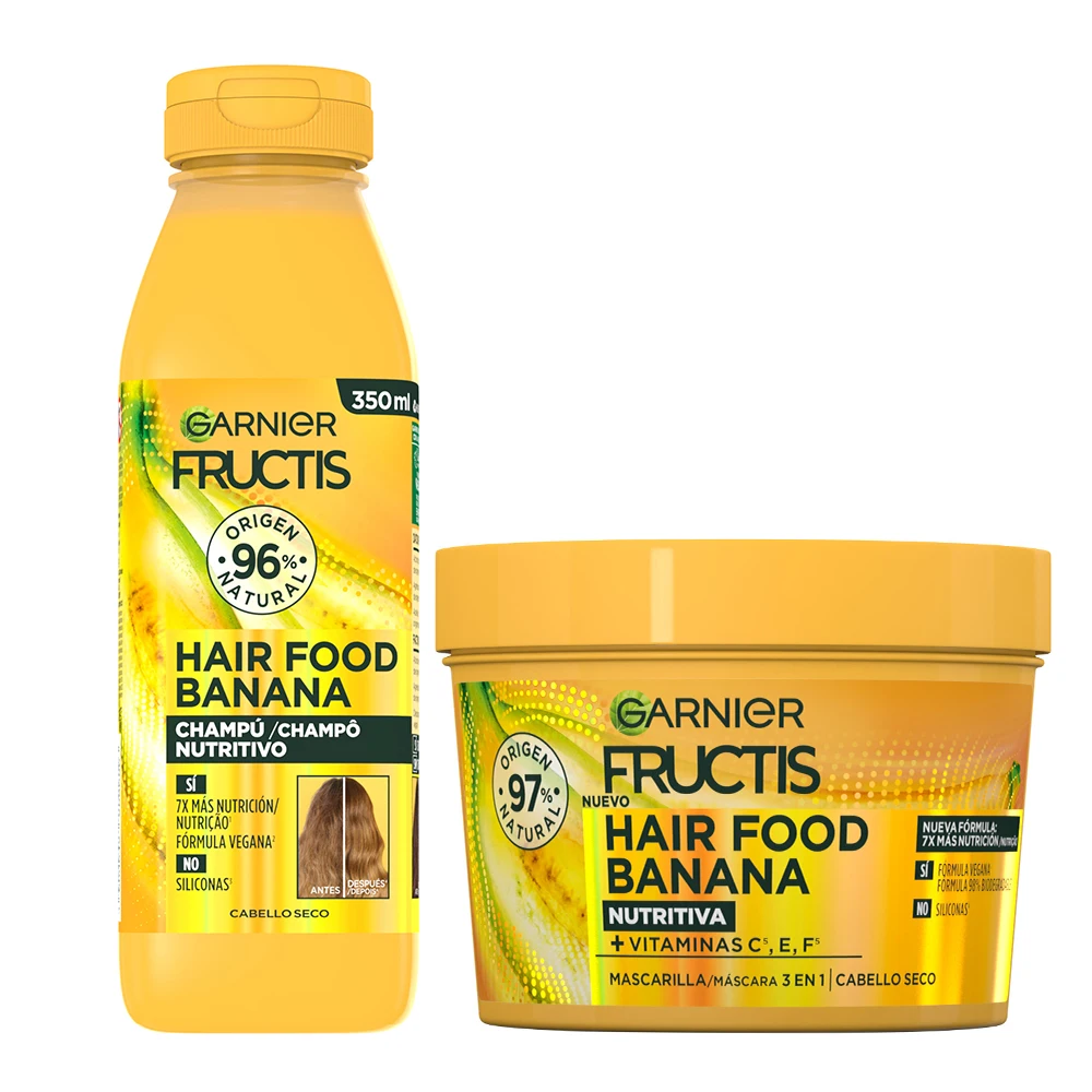 GARNIER Fructis Hair Food Banana Sets Champu_ Acondicionador o Mascarilla 3 en 1 Nutritiva para Cabello Seco.