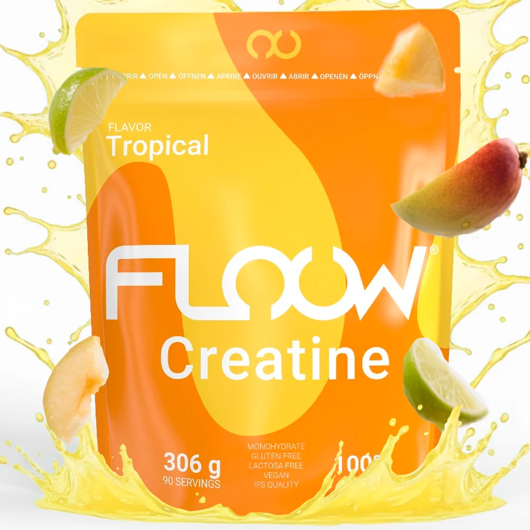 FLOOW - Creatina Monohidratada Sabor Tropical - 306g (90 Dosis) - Creatine en Polvo Pura sin azúcar ni Maltodextrinas - Creatina Micronizada 200 Mesh - Suplemento Deportivo para Masa Muscular