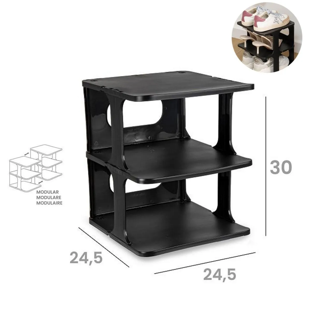 ZYLX SHOPPING – Zapatero Apilable Negro | Organizador Modular de 3 y 4 Baldas | Ahorra Espacio para Hogar y Vestidor