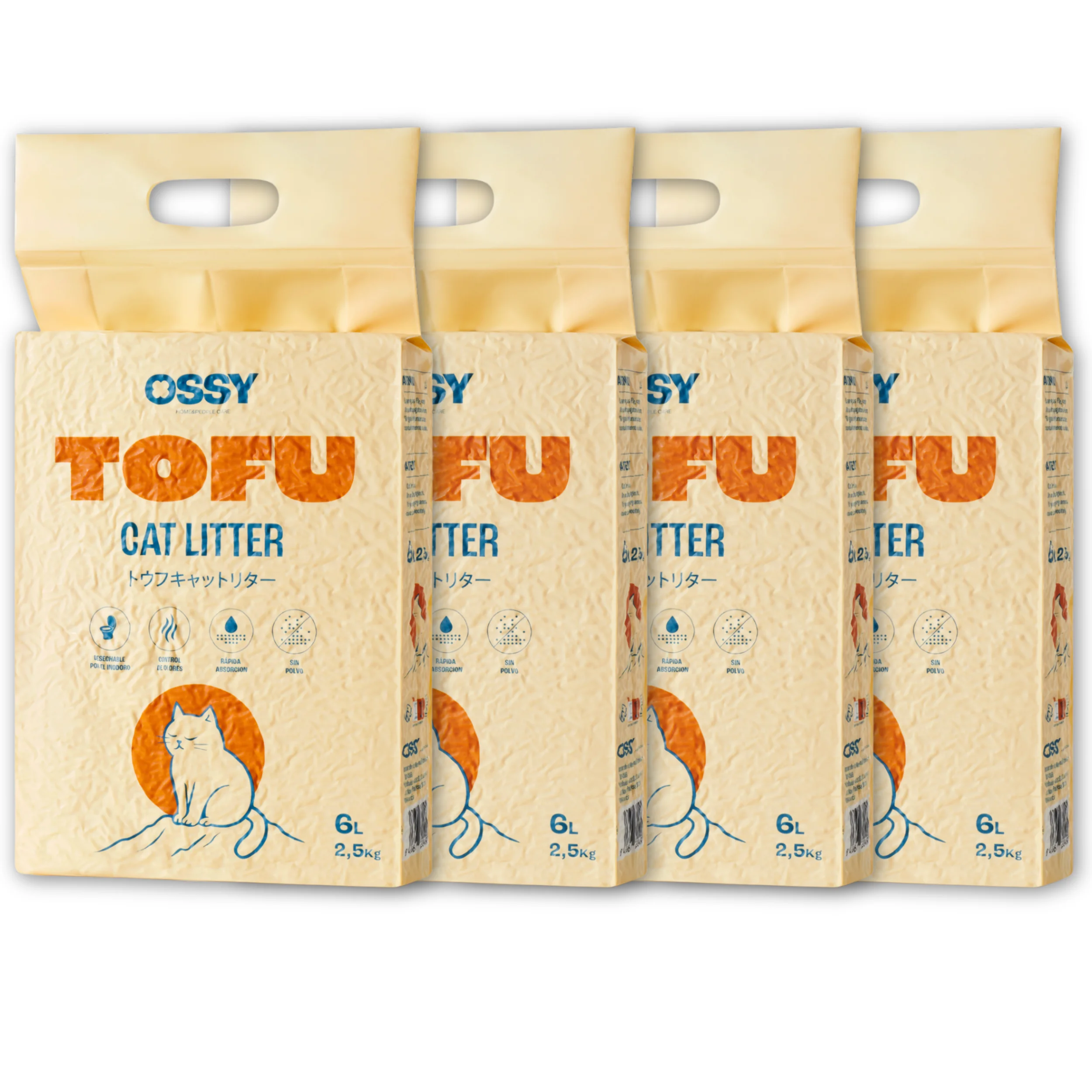 Tofu Cat Litter Pack x4 10Kg - 24L, dust-free and odor control, flushable tofu material, unscented, ideal for traditional and automatic litter boxes, perfect for a clean home.