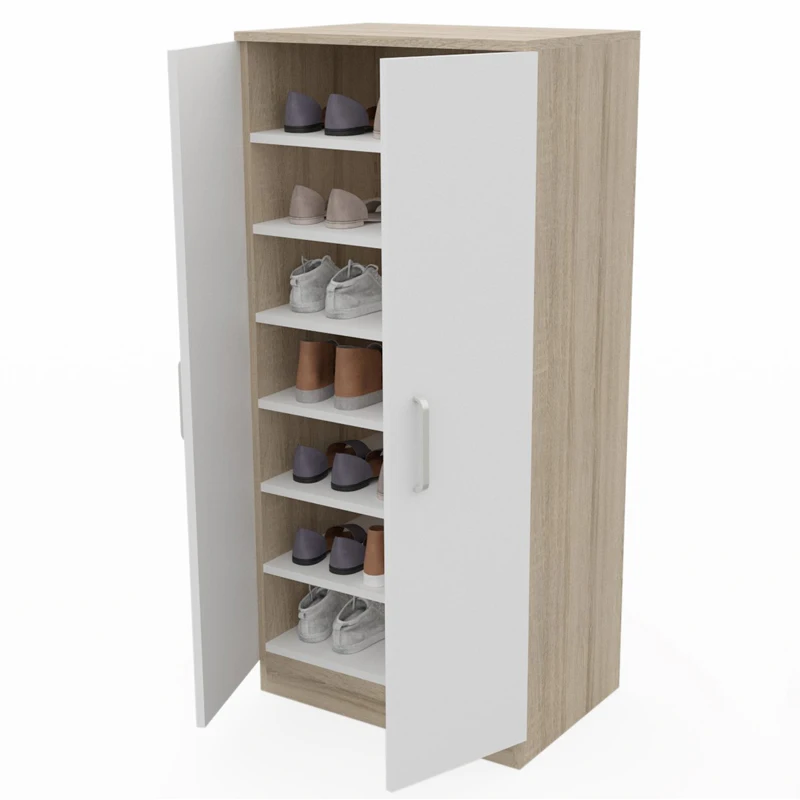 Dormidan Shoe Cabinet with 2 Doors for 21 Pairs, made of durable melamine, measures 50cm wide, 108cm high, and 35cm deep, featuring metal hinges and anti-scratch pads for easy access and floor protection.