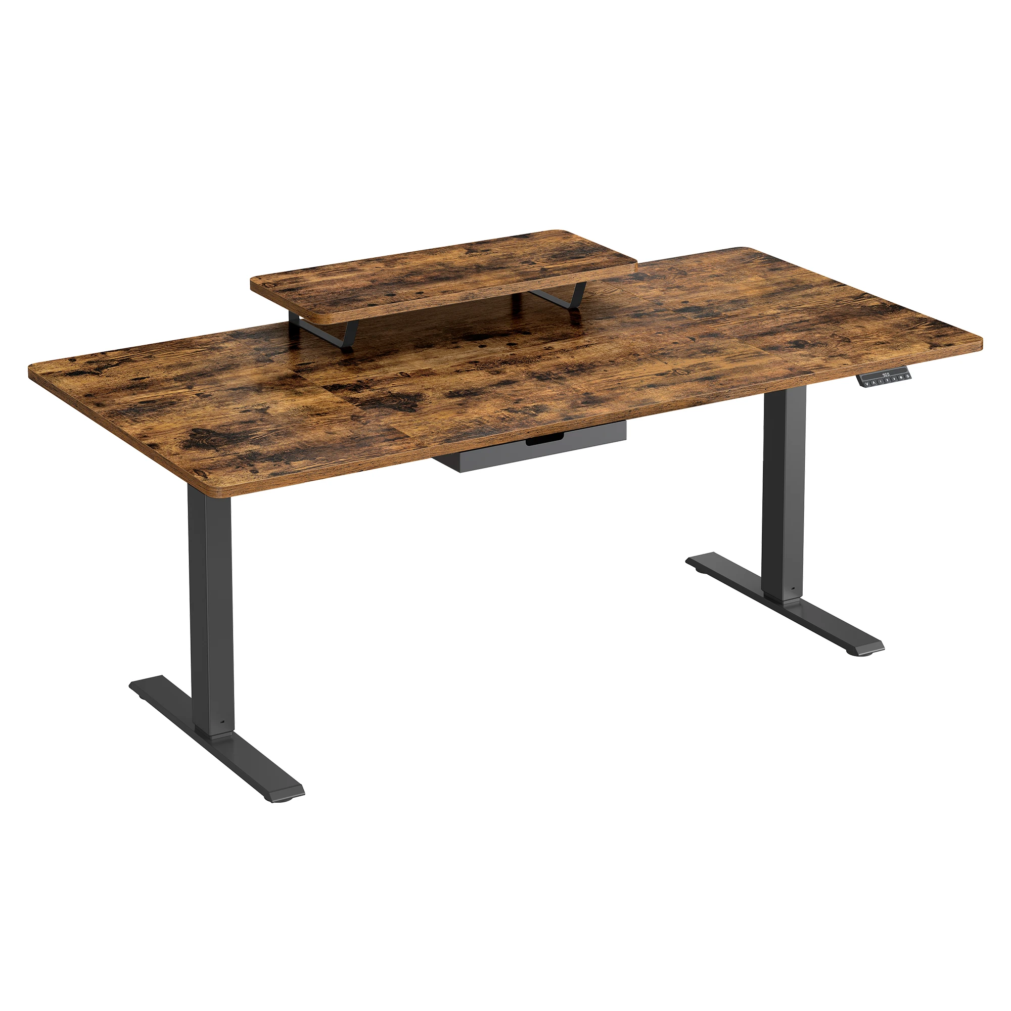 VASAGLE Height Adjustable Electric Desk 160 x 80 cm with Monitor Stand and Drawer, Rustic Brown/Cloud White, supports 70 kg, perfect for efficient multitasking in office environments, featuring a USB-C port and sedentary reminder.