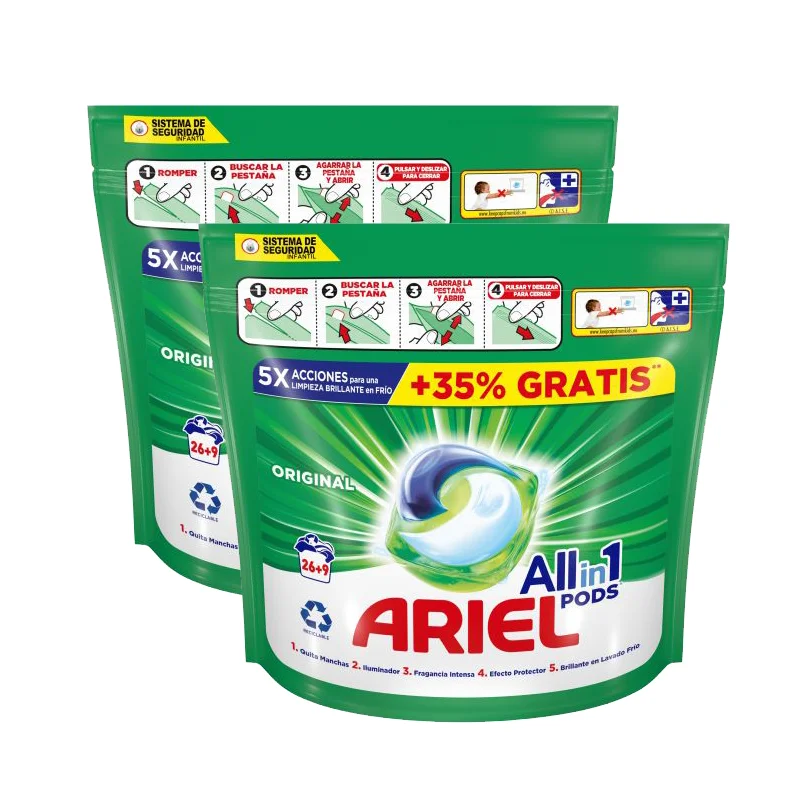 Confezione di ARIEL All-in-1: 2 scatole di detersivo con 26+9 cialde (totale: 70 lavaggi) - Design del contenitore variabile