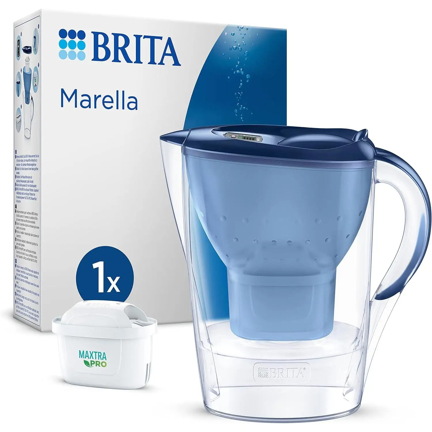 BRITA Jarra Filtrante_ Modelo Marella Azul + 1 Filtro MAXTRA PRO | Capacidad 2_4L | 150L agua filtrada | Sin BPA | Apta lavavajillas | Indicador Memo | Reduce cal_ cloro y metales | Diseño sostenible