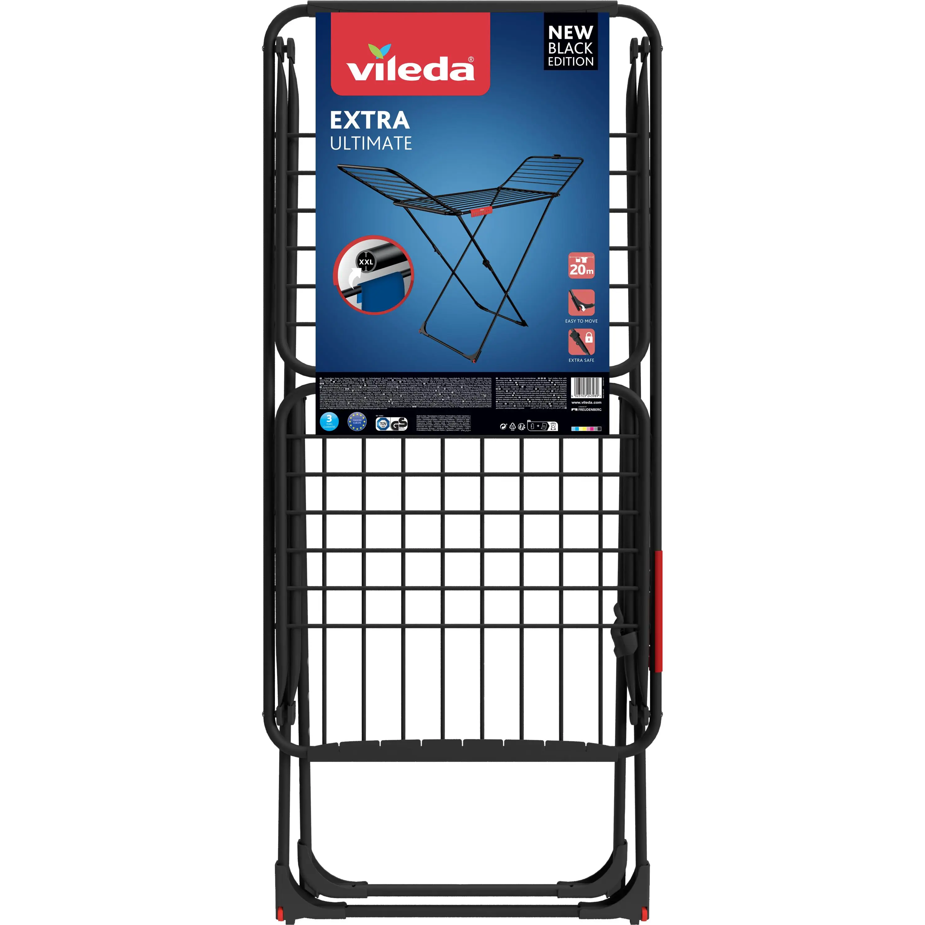 Vileda I Extra Ultimate Folding Drying Rack, 20m Aluminum Clothesline with Support, Wheels, and Pins, Compact and Expandable, Perfect for Home Accessories.