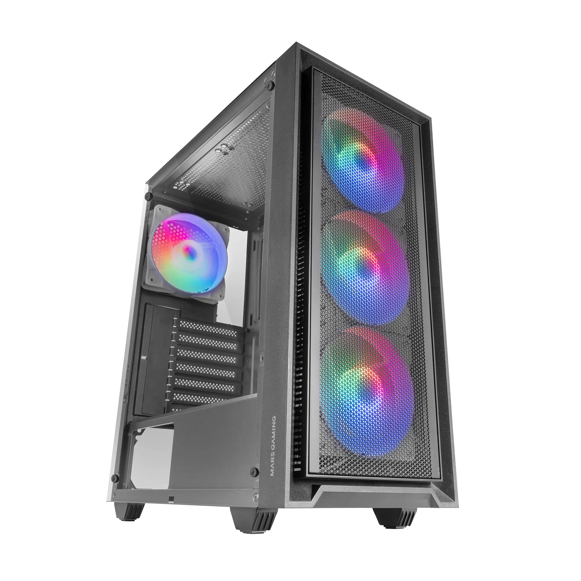 Mars Gaming MC-AIR, Caja Gaming ATX, 4x Ventiladores FRGB Rainbow 120mm, Panel Frontal Mesh, Ventana Lateral Completa Cristal Templado, Semitorre PC Doble Cámara, Soporte Refrigeración Líquida, Caja PC Negra o Blanca