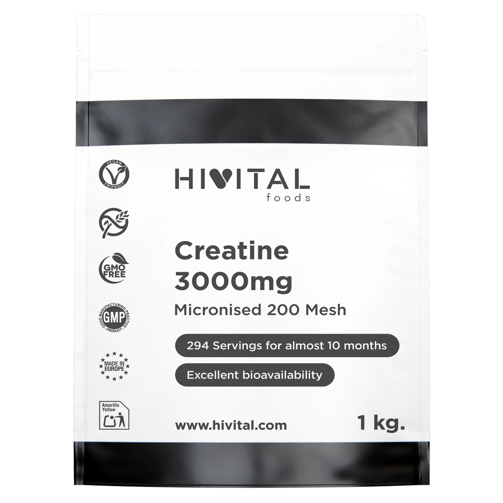 Creatina 3000 mg. 1 Kg / 1000 g. 294 raciones para casi 10 meses. Monohidrato de Creatina en polvo 100% Pura, Vegana y Micronizada a 200 Mesh. Hivital