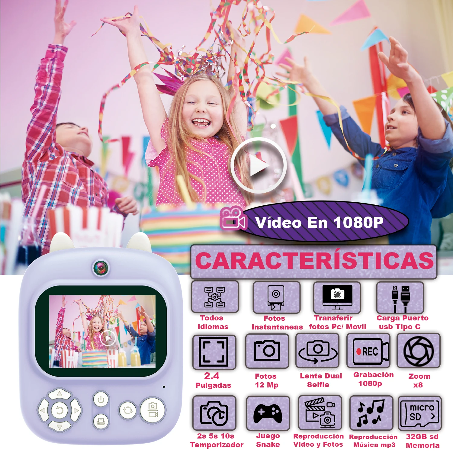 Cámara para niños goopow para niños de 3 a 8 años con tarjeta SD de 32 GB y 12 MP, azul