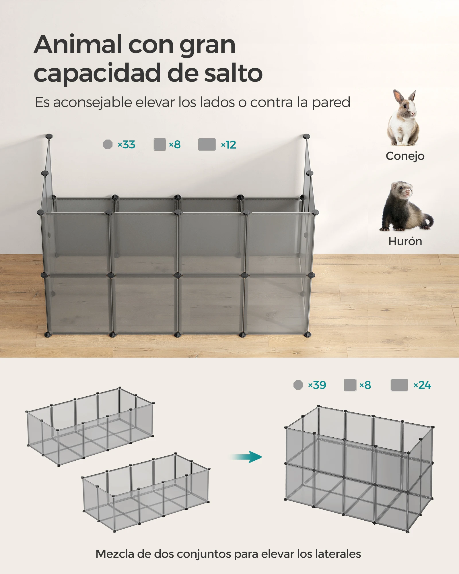SONGMICS Recinto per animali domestici, box per cavie con pavimento, recinto interno in plastica trasparente per criceti, conigli, ricci, per piccoli animali, 143 x 73 x 46 cm, grigio/bianco - immagine 4