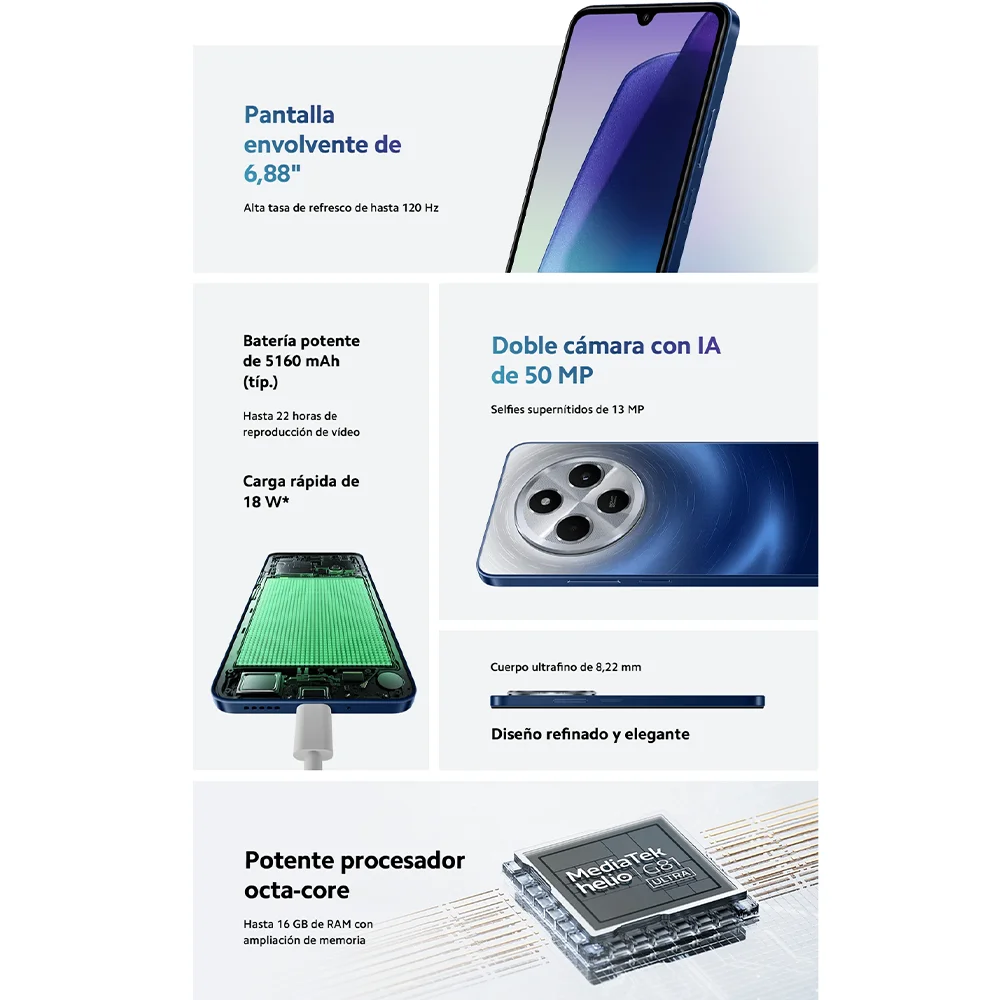 Teléfono Móvil Xiaomi Redmi 14C Smartphone Versión Global, 4+128GB / 6+128GB / 8+256GB, 6,88" Pantalla envolvente 120Hz, Batería potente de 5160 mAh, Doble cámara con IA de 50 MP+Selfies supernítidos de 13 MP, MediaTek Helio G81-Ultra, Xiaomi HyperOS - Imagen 6