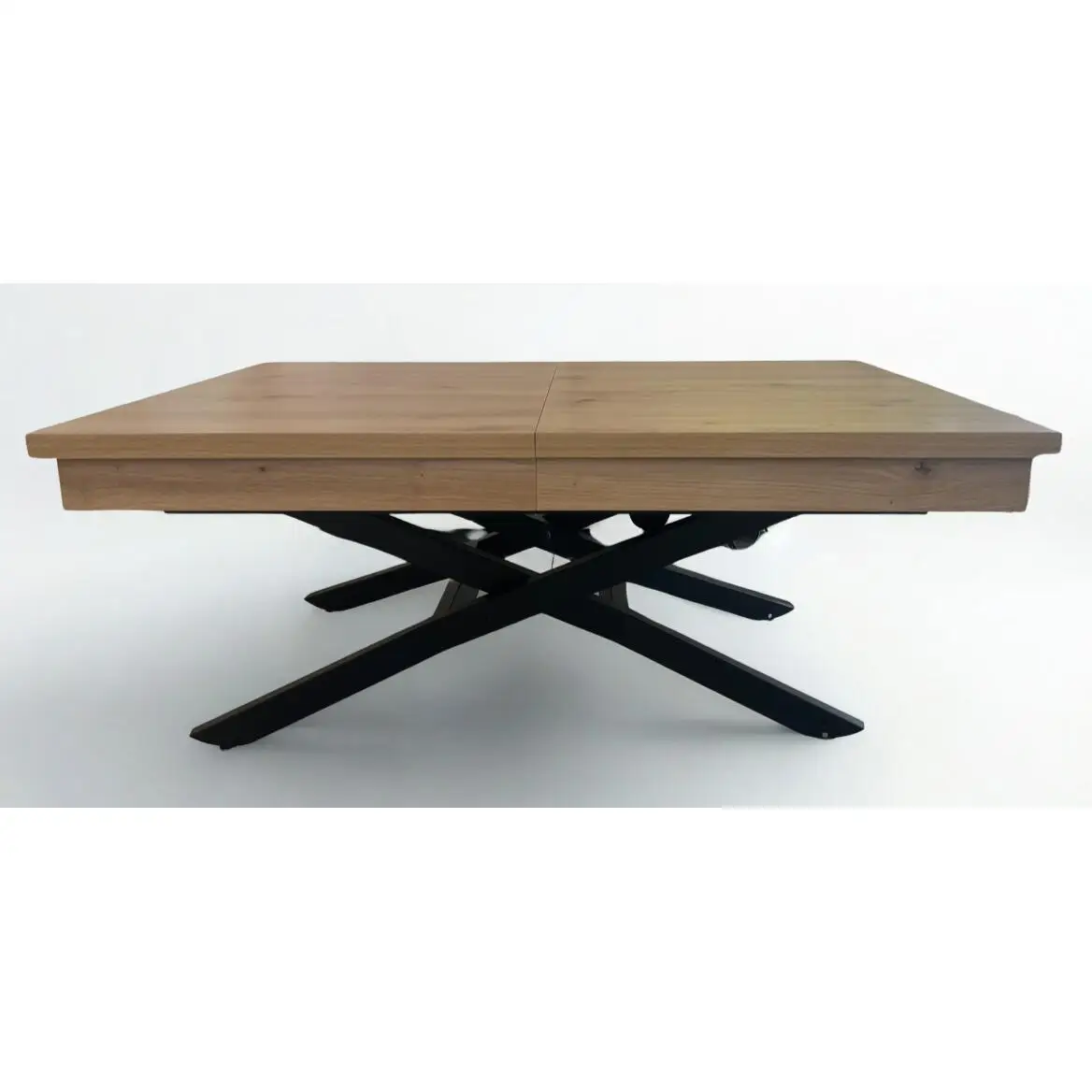 Convertible electric dining table with battery, elevating and extendable from 80 x 120cm to 80 x 170cm, made of high-quality melamine in oak color with graphite metal legs, ideal for small spaces and features wheels for easy movement.