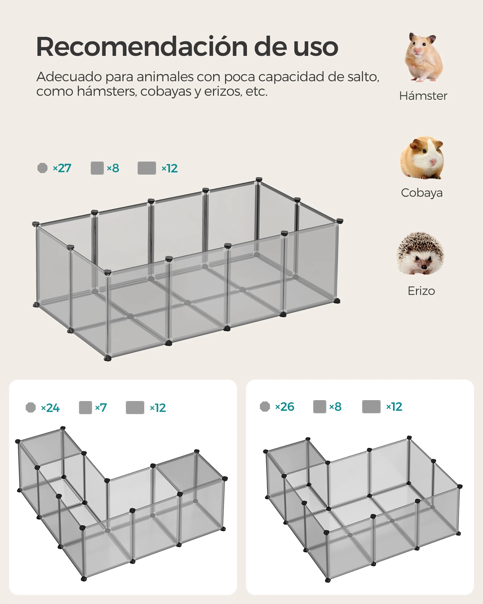 SONGMICS Recinto per animali domestici, box per cavie con pavimento, recinto interno in plastica trasparente per criceti, conigli, ricci, per piccoli animali, 143 x 73 x 46 cm, grigio/bianco - immagine 3