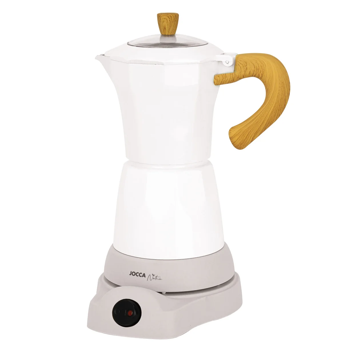 Cafetera Italiana eléctrica Jocca de la línea Nature con un sistema innovador que mantendrá tu café caliente todo el tiempo con una base que te permite girar la cafetera inalámbrica 360 grados y mango de tacto frío. Fácil de manejar y limpiar