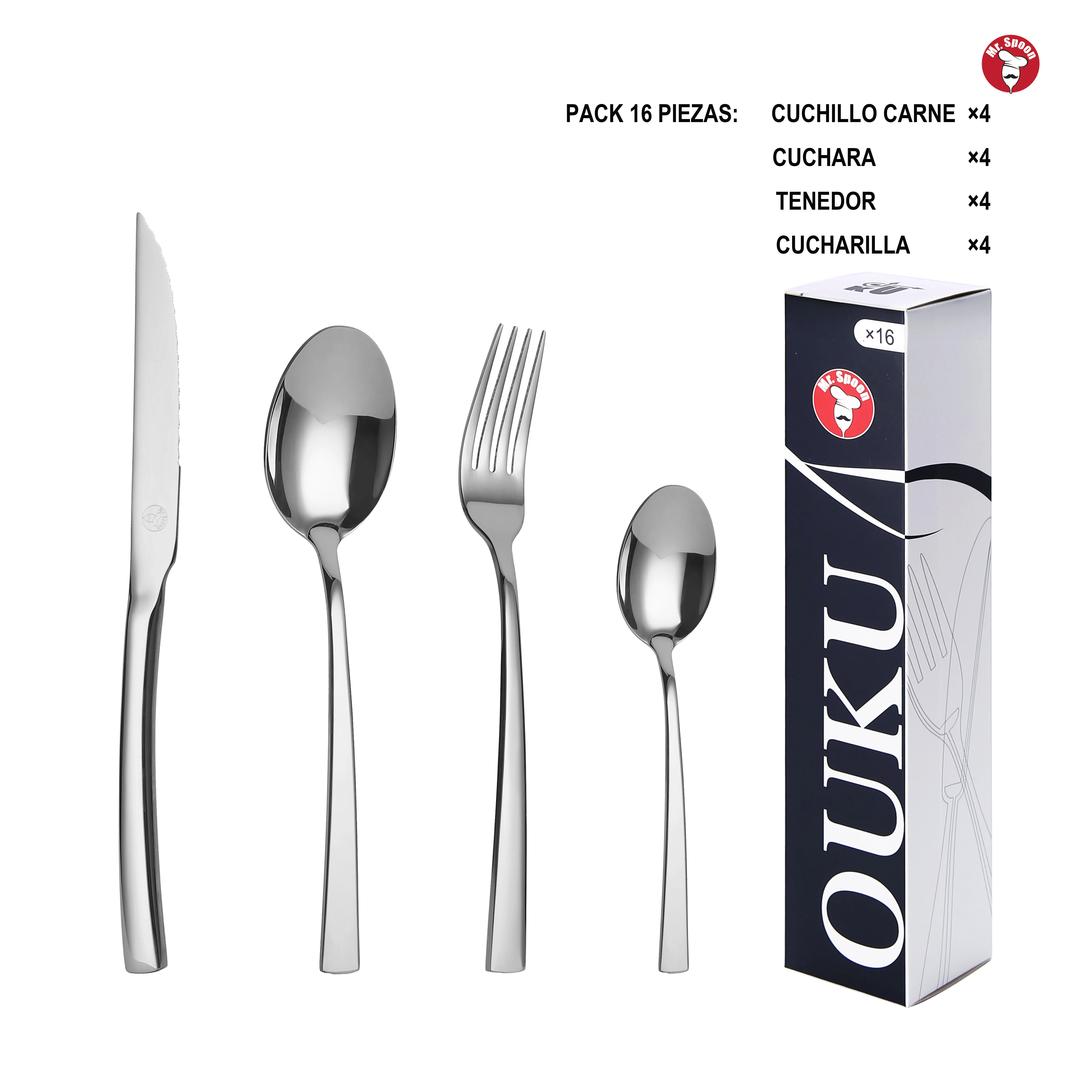 Mr.Spoon Serie Montagna, 16/24/48 pezzi, acciaio inox 18/0, funzionale ed economico, include coltello da carne/tavola, forchetta, cucchiaio, cucchiaino, impugnatura monoblocco, lavastoviglie, confezione eco, ideale per casa, hotel, ristorante