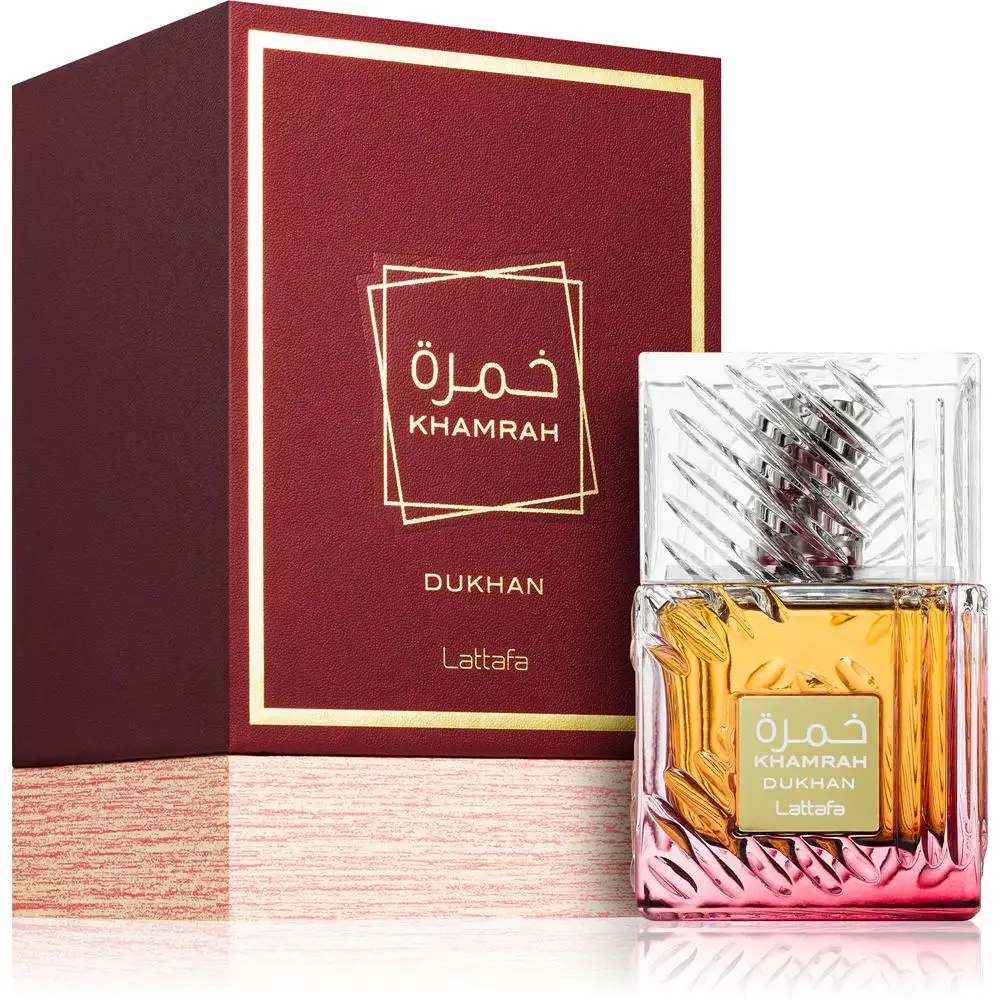 Fragancia Khamrah Dukhan 100 ml por Lattafa - Perfume Unisex con Aroma a Mandarina, Pimiento y Praliné
