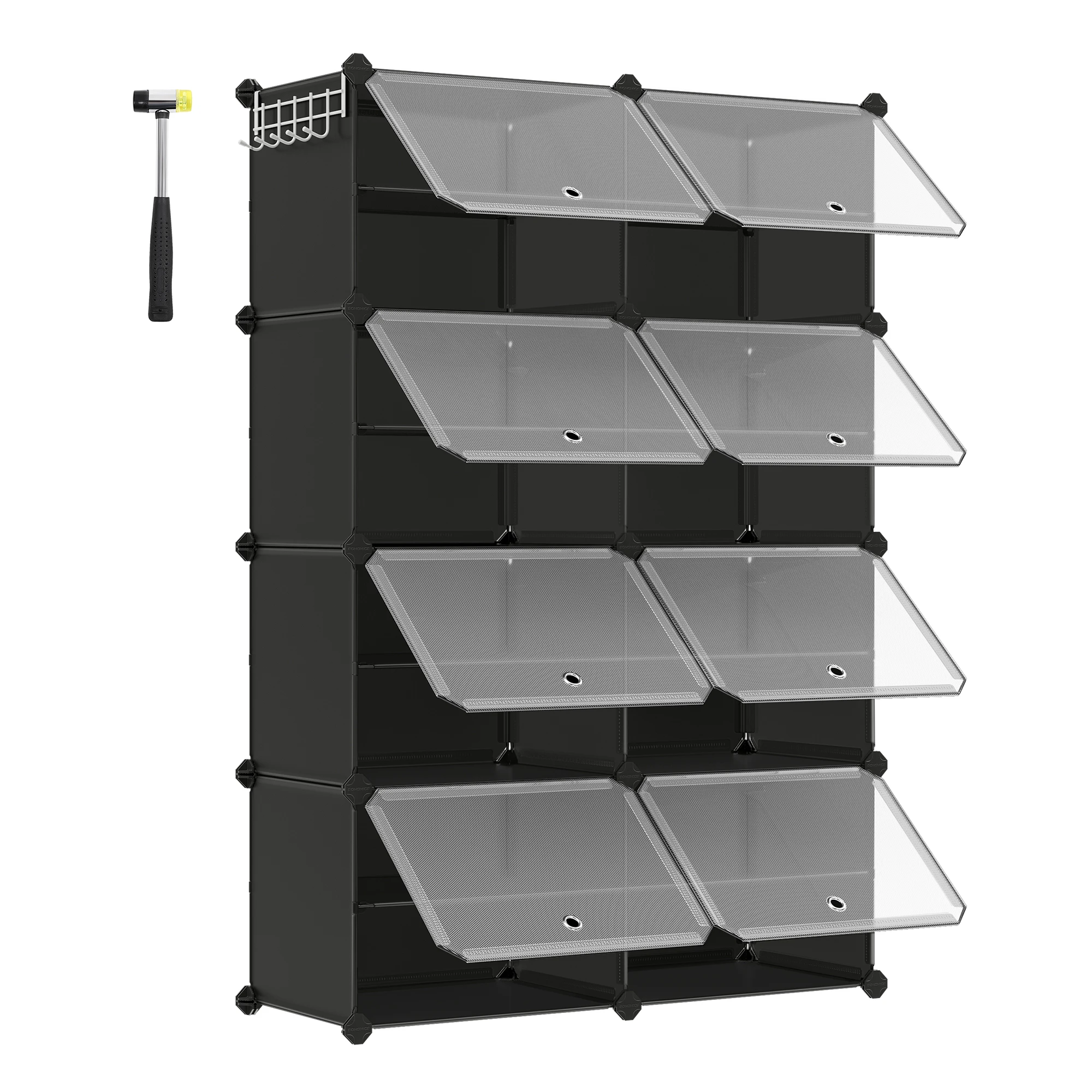 SONGMICS Mobile Portascarpe in Plastica, 8 Scomparti, Scaffale Portascarpe Modulare, Mensola Modulare in Plastica, 30 x 40 x 30 cm per Cubo, con Anta, Struttura in Acciaio, Pannello in Plastica, Bianco/Nero