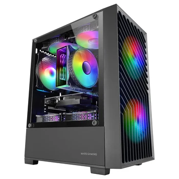 Mars Gaming MC- VORTEX, Caja Gaming MicroATX, Frontal Mesh Geométrico, Ventana Lateral Cristal Templado, 3X Ventiladores FRGB Rainbow 120mm, Minitorre PC Compacta con Diseño Doble Cámara, Negro o Blanco