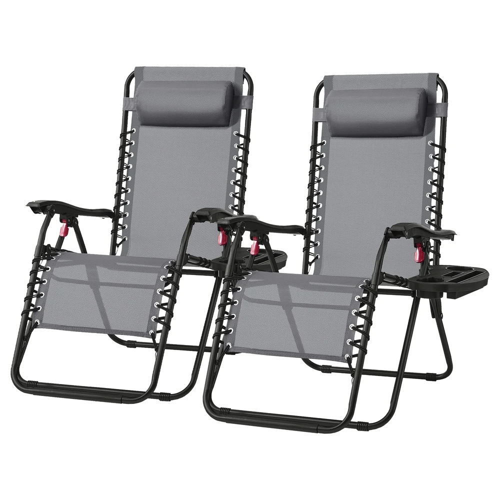 SONGMICS 2-Piece Set of Foldable Loungers, Zero Gravity Reclining Chairs with Adjustable Headrest and Tray, Supports 110 kg Each, for Garden or Terrace, Dark Gray/Black/Dark Blue