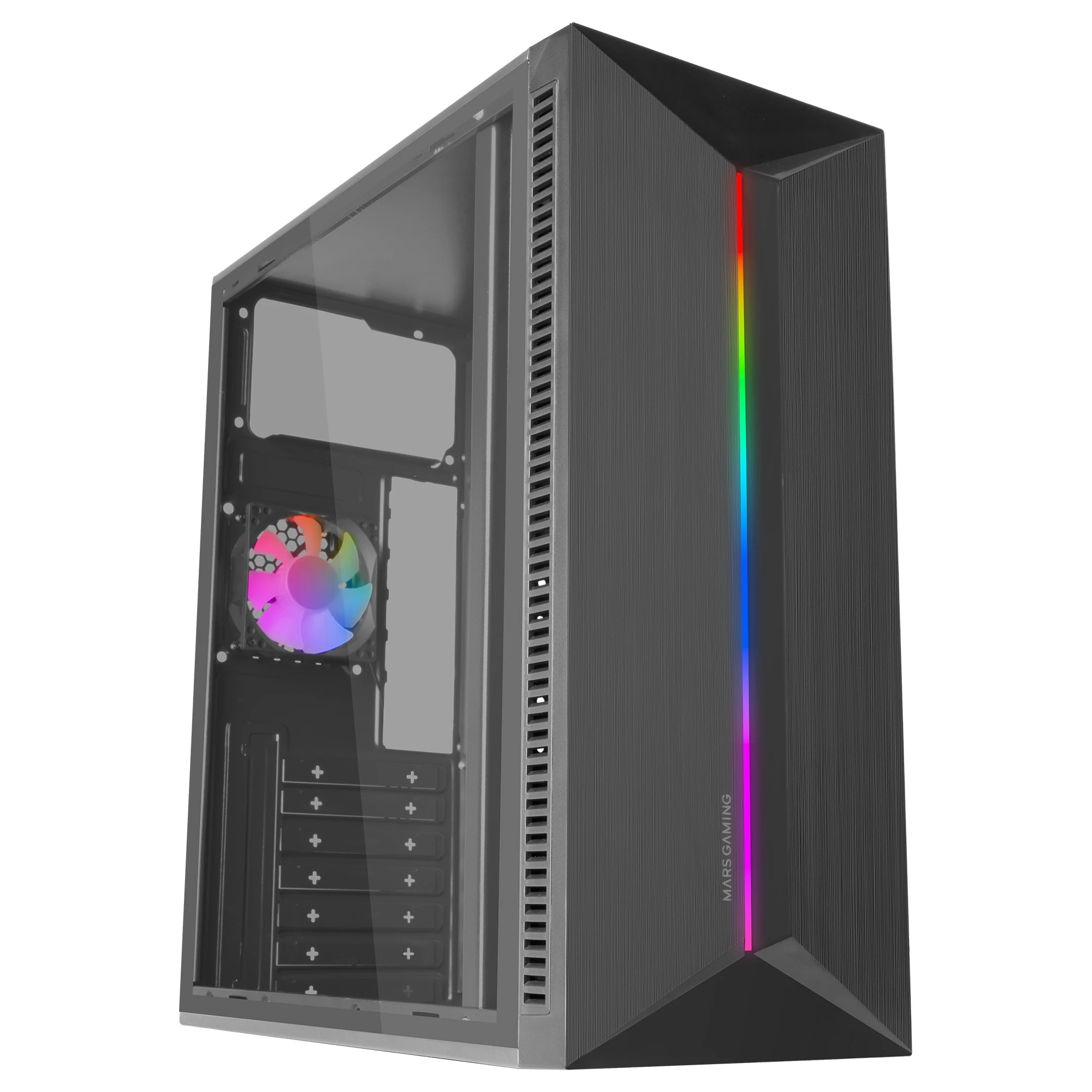 Mars Gaming MC-BLAZE, Caja Gaming ATX, 1x Ventilador FRGB Trasero 80mm, Tira LED RGB Frontal con Múltiples Efectos, Ventana Lateral Completa, Semitorre PC con Amplia Capacidad Interna, Caja Gamer Negra o Blanca