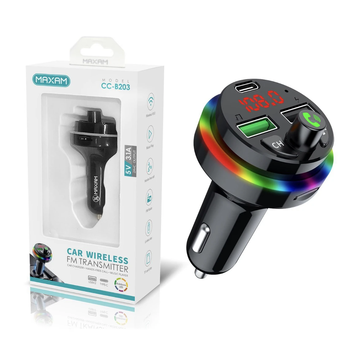 Transmisor FM Bluetooth para coche, Tipo-C, USB 5v-3.1A cargador rápido, con luz de ambiente, colores luz manos libres reproductor MP3