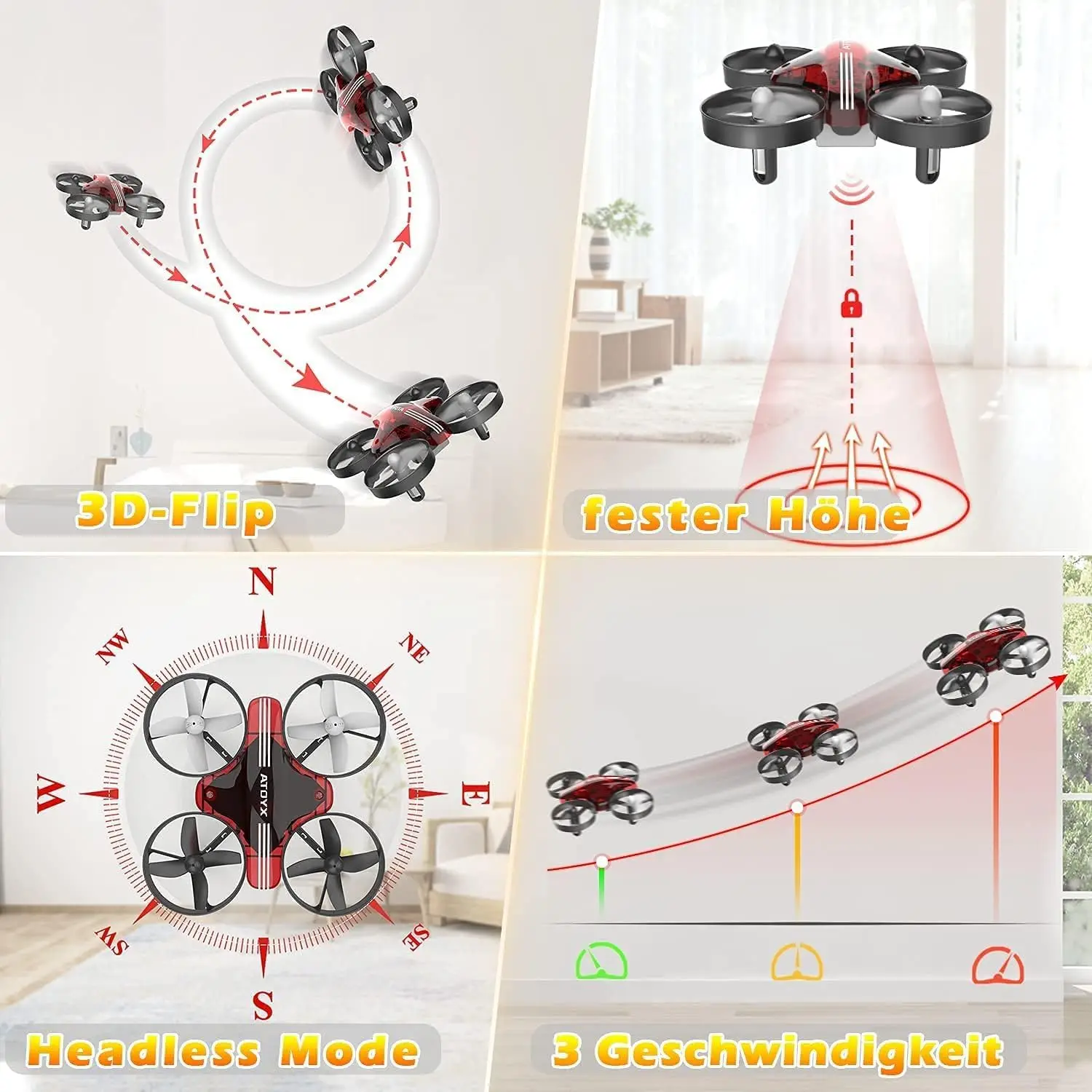 Mini Drone per bambini e principianti, Drone per bambini telecomandato con rotazione 3D, volo stazionario automatico, modalità senza testa, 3 batterie - immagine 4