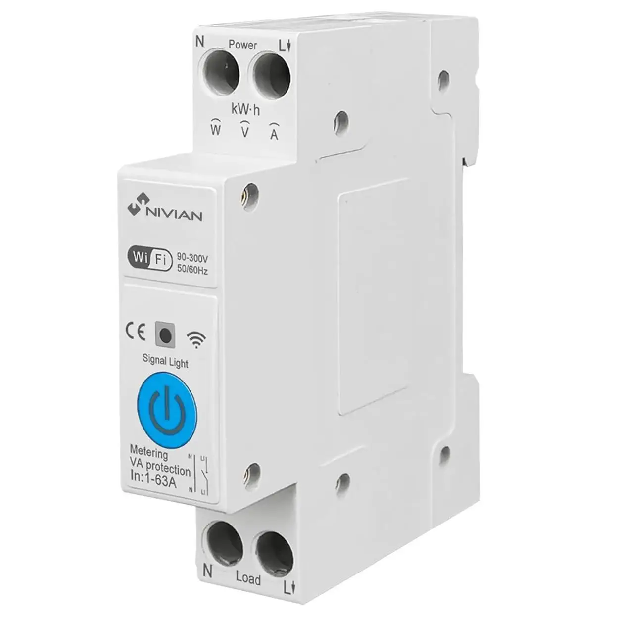 Interruttore WiFi su guida DIN con contatore di consumo Nivian Smart Home – Controllo remoto tramite app, protezione elettrica 1-63A, automazioni, compatibile con Alexa e Google