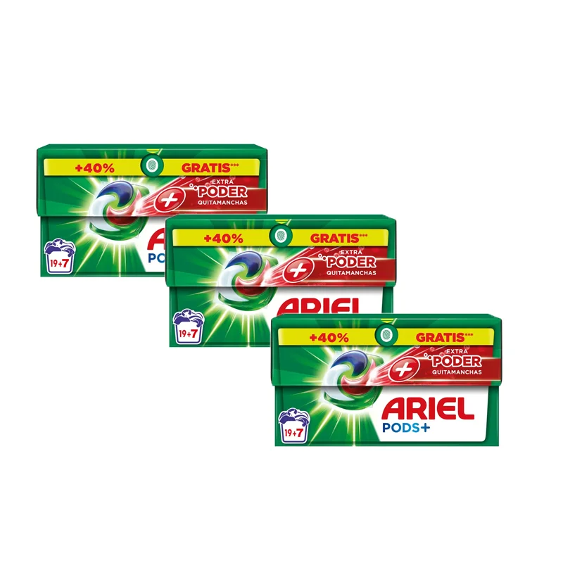 Confezione di detersivi per lavatrice liquidi all-in-one Ariel in capsule/pillole, lavaggi 19+7 (78 o 130), più smacchiatori extra Power, pulizia profonda