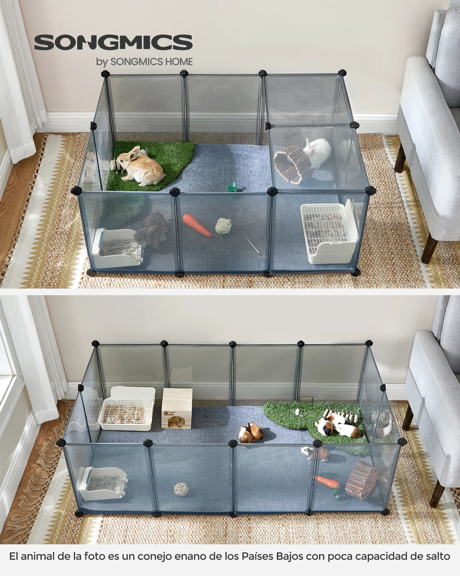 SONGMICS Recinto per animali domestici, box per cavie con pavimento, recinto interno in plastica trasparente per criceti, conigli, ricci, per piccoli animali, 143 x 73 x 46 cm, grigio/bianco - immagine 2