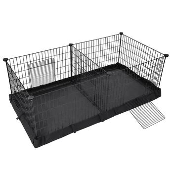 SONGMICS Recinto per Animali Domestici, Box per Piccoli Animali, Gabbia per Esercizi con Pannello Divisorio per 2 Spazi Separati, Tappetino e 3 Porte, 123 x 63 x 46 cm, Nero