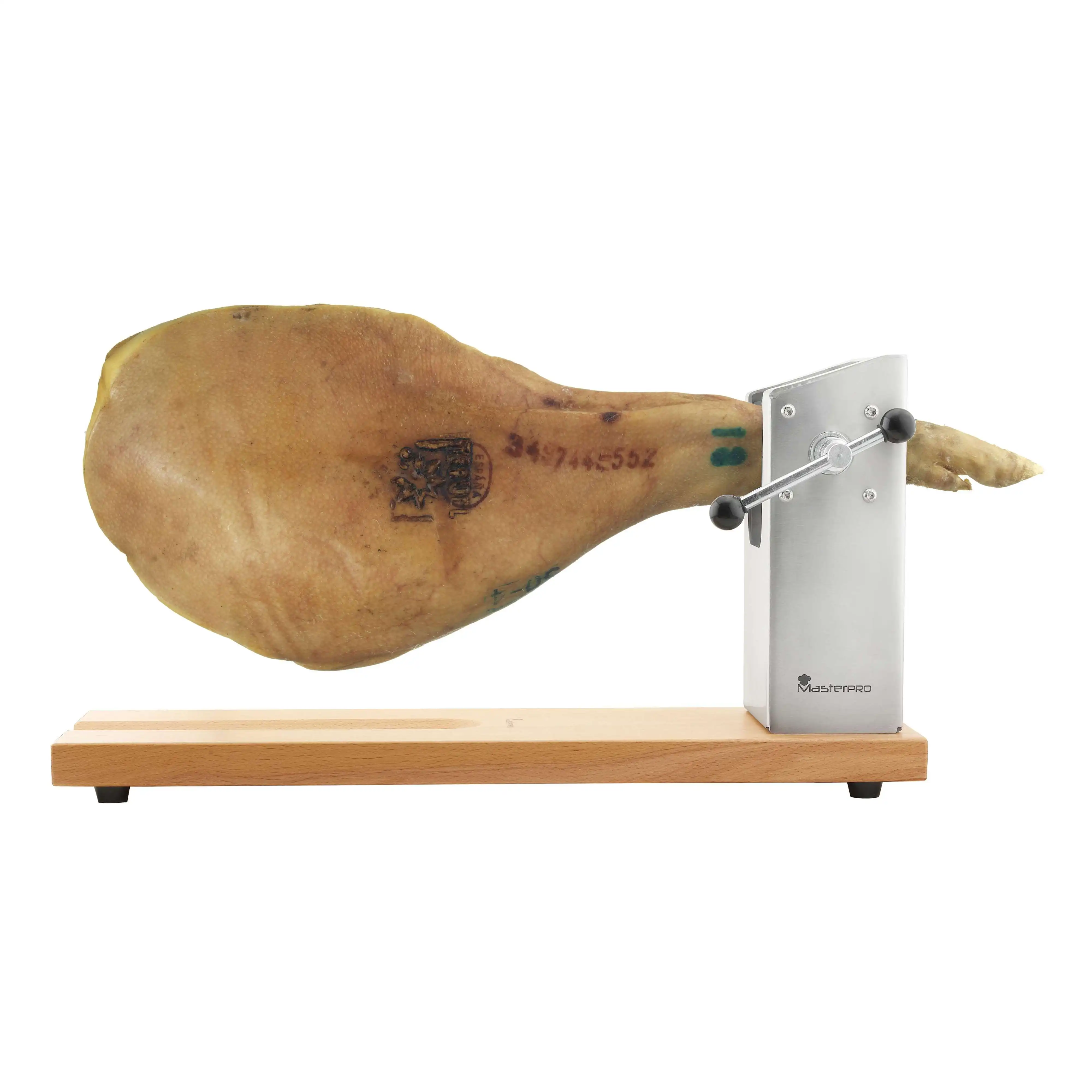 Bergner MASTERPRO Ham Holder with Stainless Steel Support - Wooden Cutting Rack 62x19.5x30.3 cm for Gourmet Ham Slicing, Features Non-Slip Design and Adjustable Positioning, Perfect Kitchen Tool.
