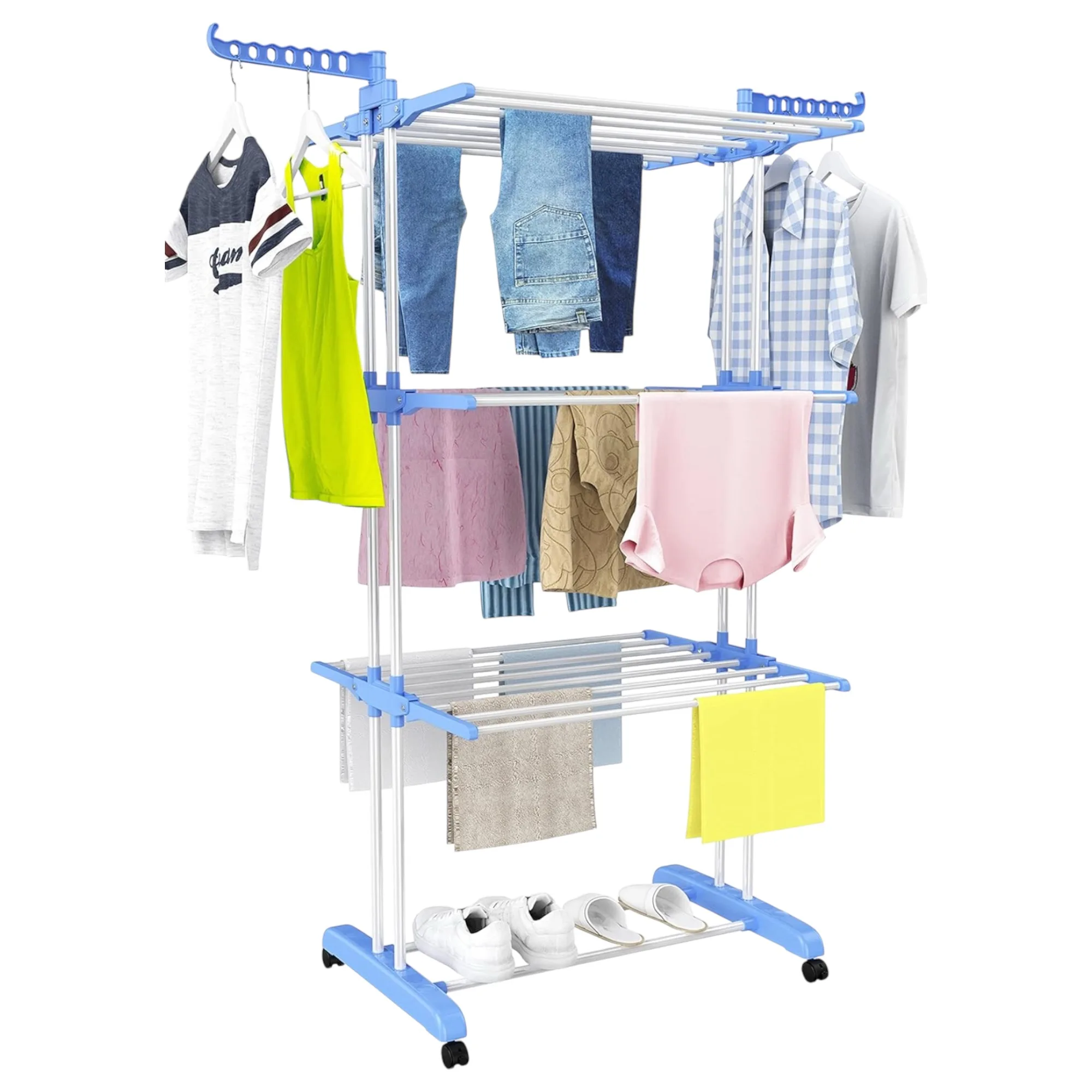 Mikomika stainless steel folding clothesline, 4 levels with side wings, 6 retractable trays, 35 kg capacity, 4 360 wheels ° And foldable design to save space (4p-001 2590 d7)