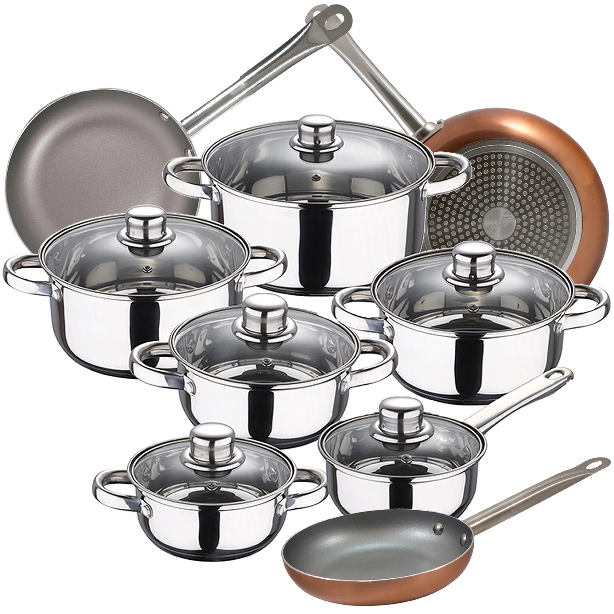 Set da cucina San Ignacio 12 pezzi in acciaio inossidabile con set di padelle Optimum Plus in coperchi pressati in alluminio e vetro