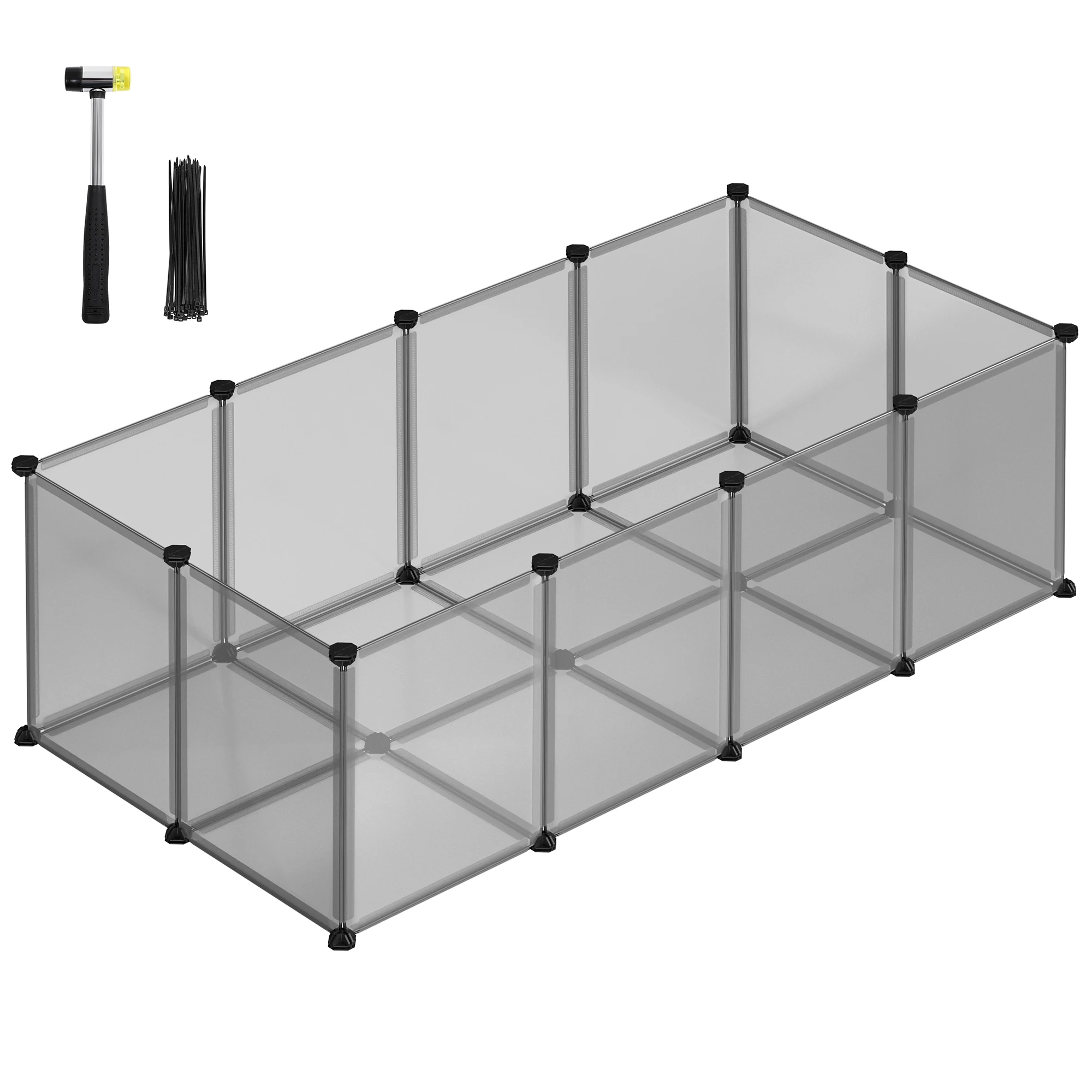 SONGMICS Recinto per animali domestici, box per cavie con pavimento, recinto interno in plastica trasparente per criceti, conigli, ricci, per piccoli animali, 143 x 73 x 46 cm, grigio/bianco